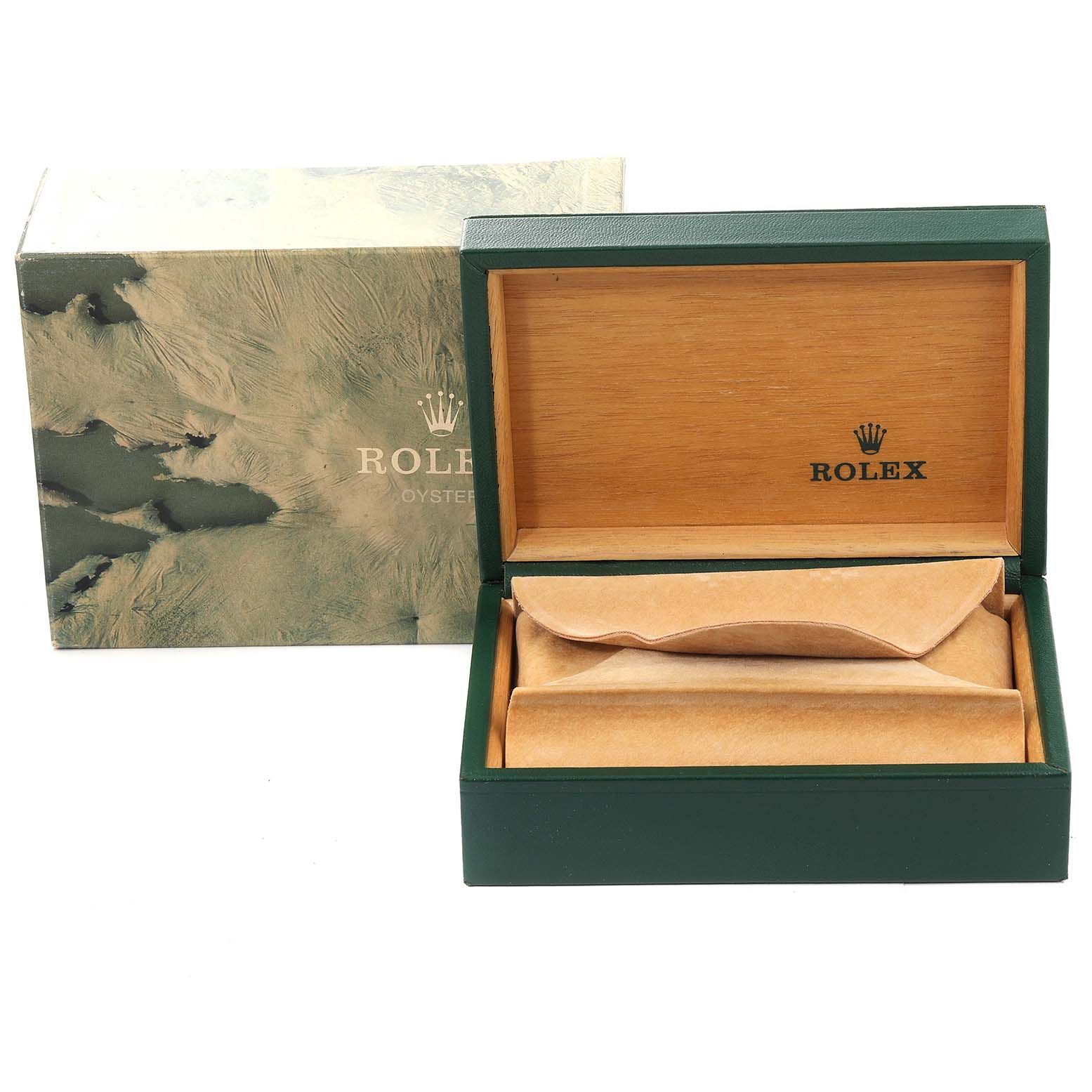 The image shows an open green and wooden Rolex box for the Vintage Collection model, with an outer camouflage patterned box.