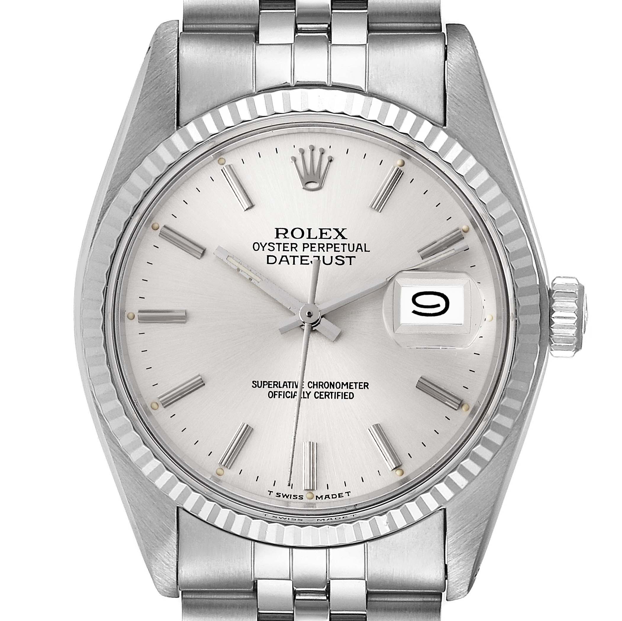 The image shows a front view of the Rolex Vintage Collection 16014 Men
s Stainless Steel Silver Dial 16014 Men
s Stainless Steel Silver Dial Datejust watch, highlighting the dial, bezel, and bracelet.