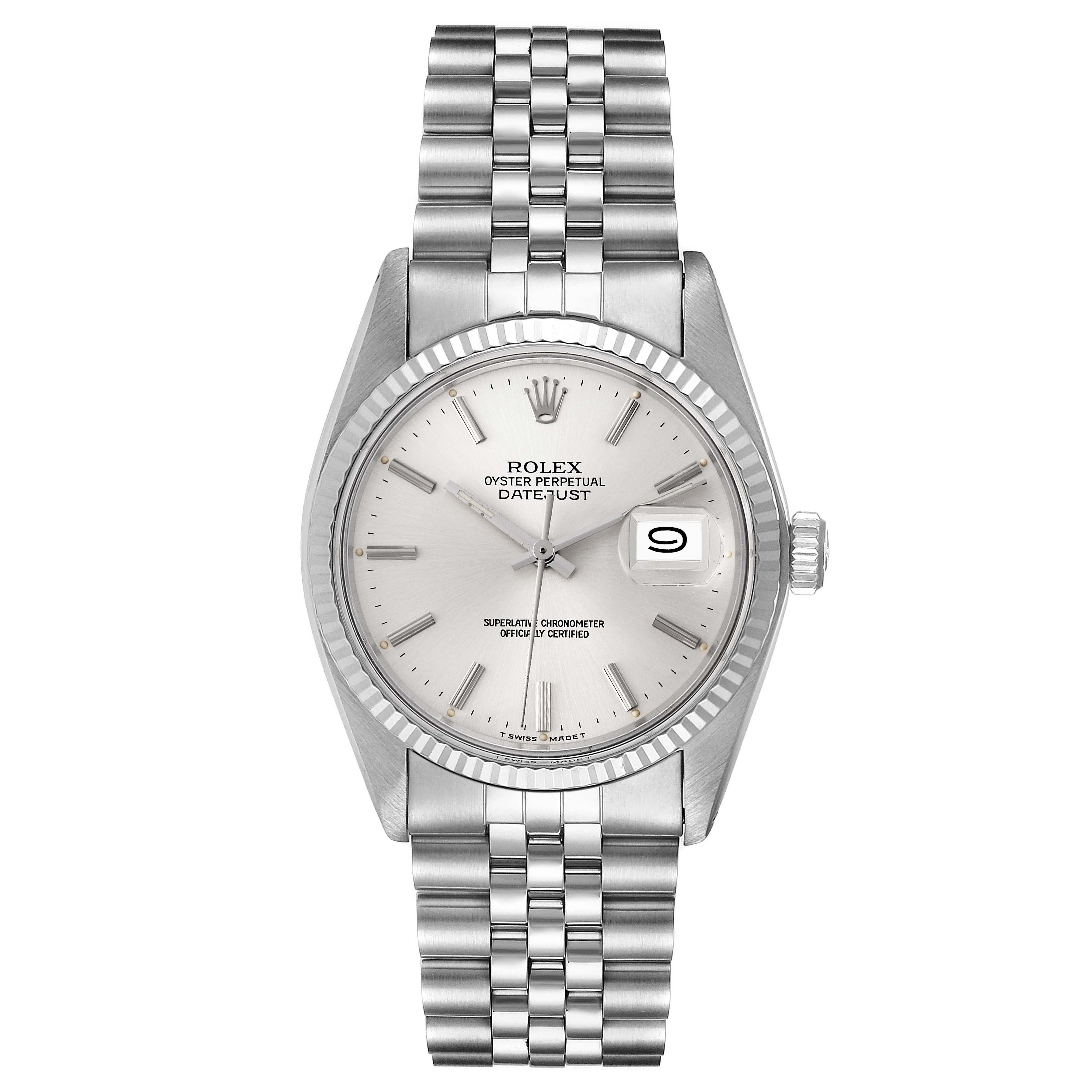 This is a front view of the Rolex Vintage Collection 16014 Men
s Stainless Steel Silver Dial 16014 Men
s Stainless Steel Silver Dial Oyster Perpetual Datejust watch, showcasing its dial, bezel, case, and bracelet.