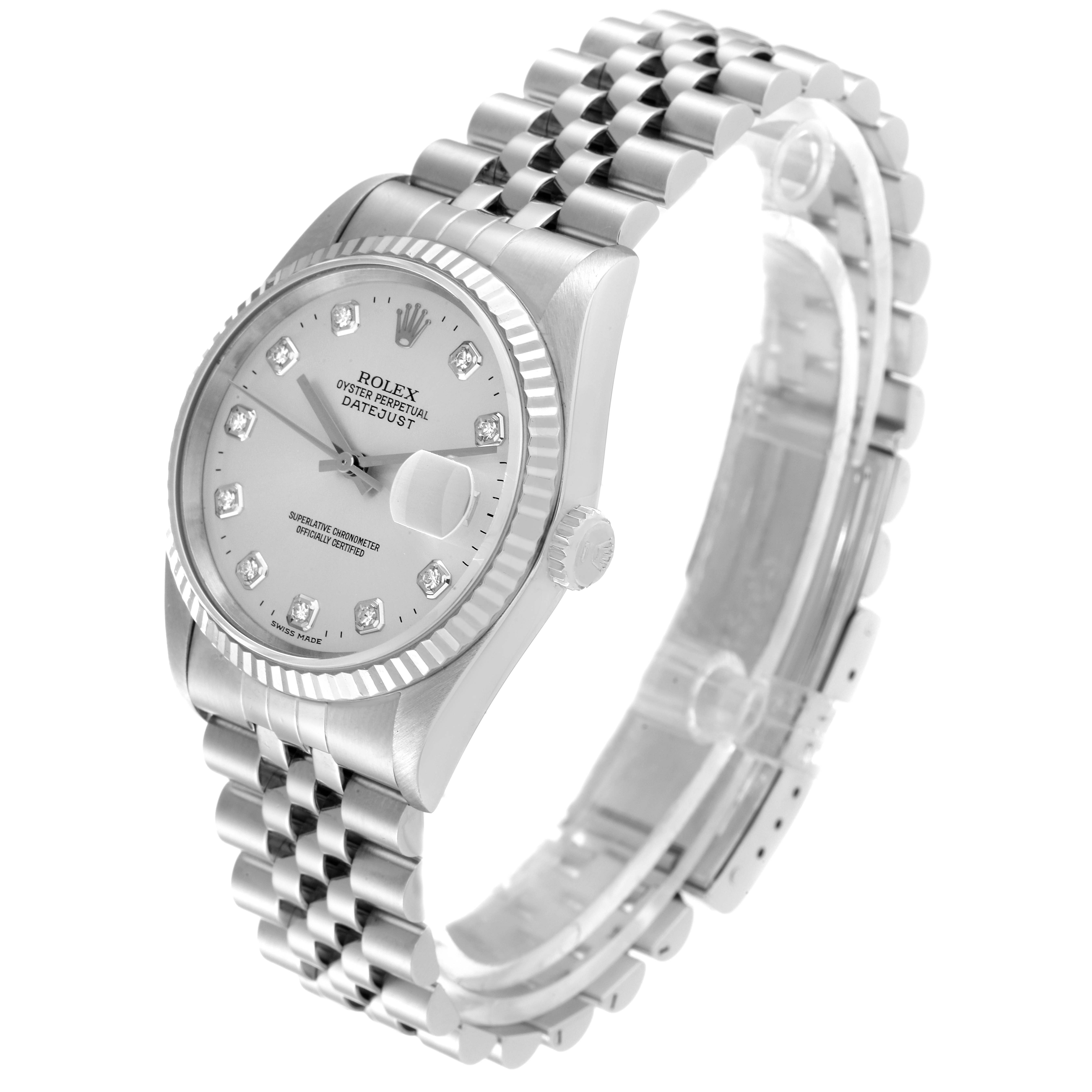 The image shows a Rolex Datejust 16234 Men's Stainless Steel Silver Dial 16234 Men's Stainless Steel Silver Dial watch angled slightly to display its face, crown, and bracelet.
