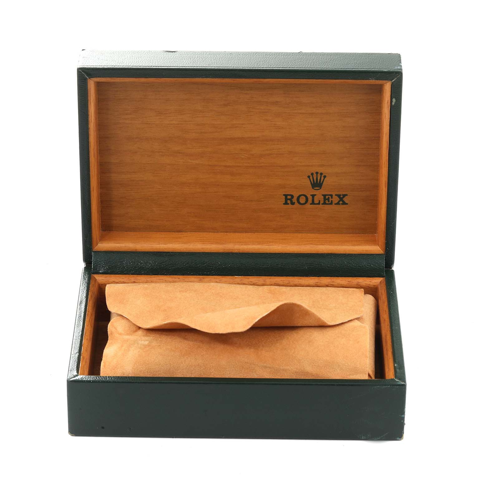 The image shows an open Rolex Datejust 16234 Men's Stainless Steel Silver Dial 16234 Men's Stainless Steel Silver Dial watch box with the watch wrapped in brown paper inside.