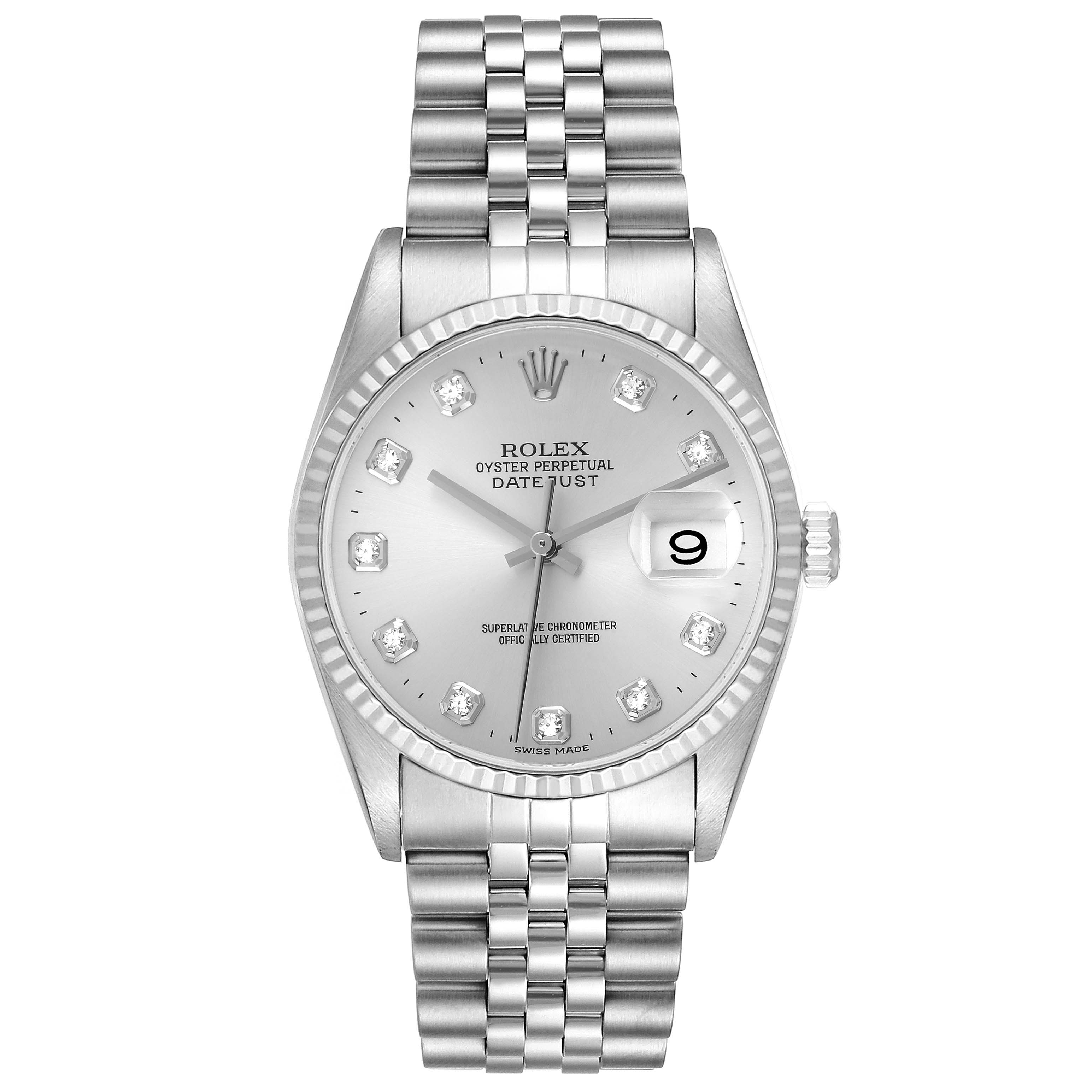 This image shows a front view of the Rolex Datejust 16234 Men's Stainless Steel Silver Dial 16234 Men's Stainless Steel Silver Dial watch, featuring its dial, bezel, and bracelet.