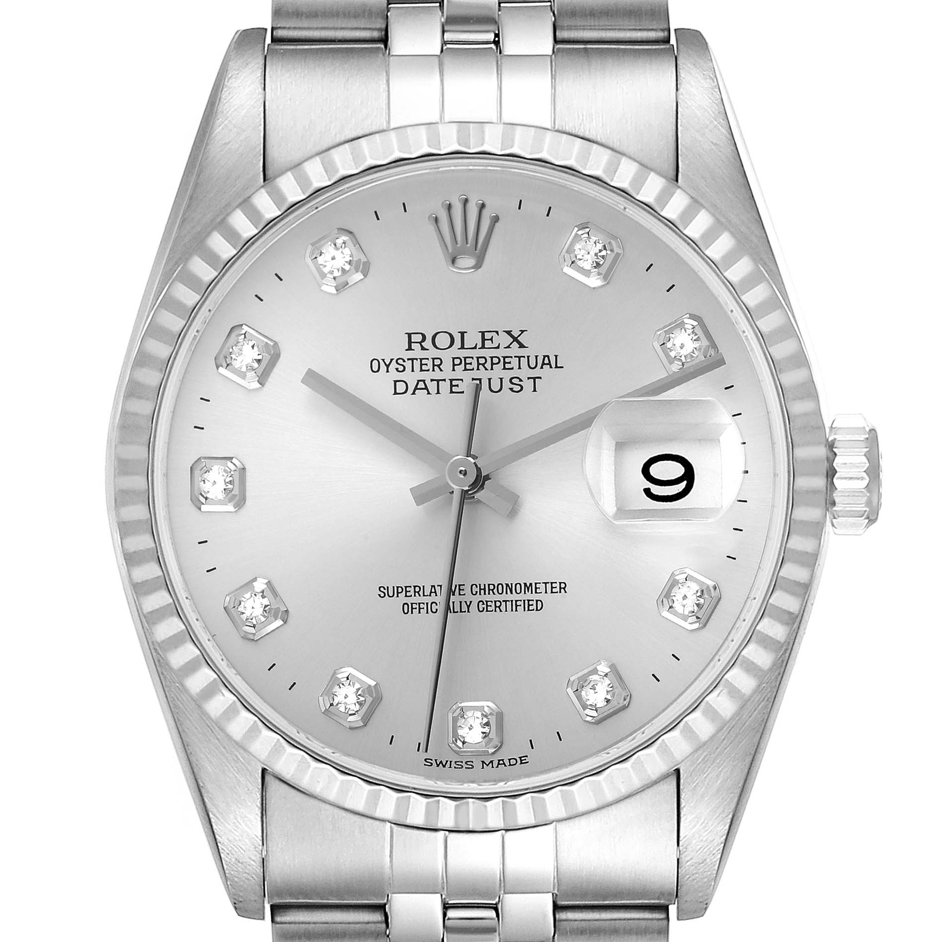 This image shows a close-up front view of a Rolex Datejust 16234 Men's Stainless Steel Silver Dial 16234 Men's Stainless Steel Silver Dial watch, highlighting its dial, bezel, and part of the bracelet.
