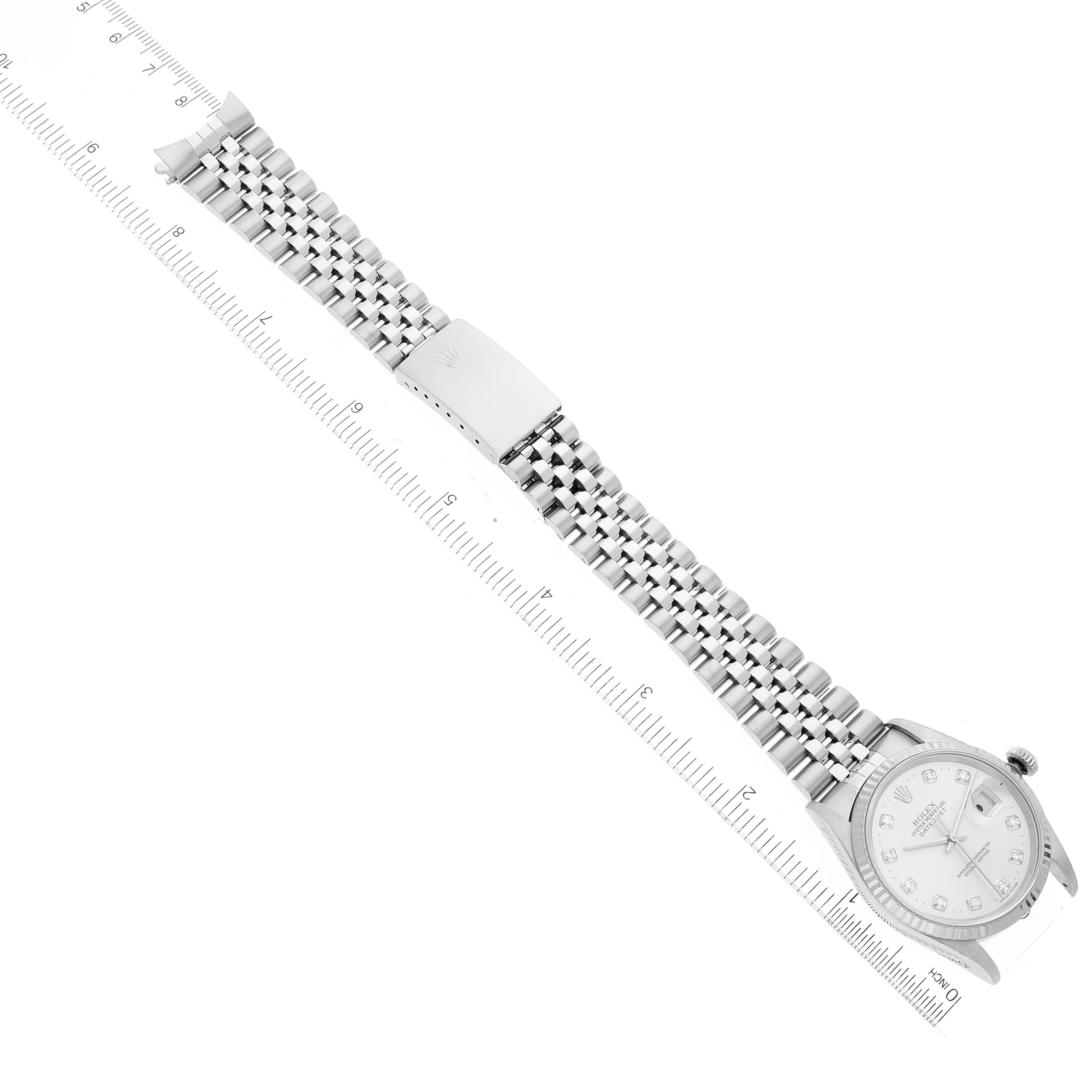 The image shows a top-down view of a Rolex Datejust 16234 Men's Stainless Steel Silver Dial 16234 Men's Stainless Steel Silver Dial watch, highlighting the dial, jubilee bracelet, and clasp.