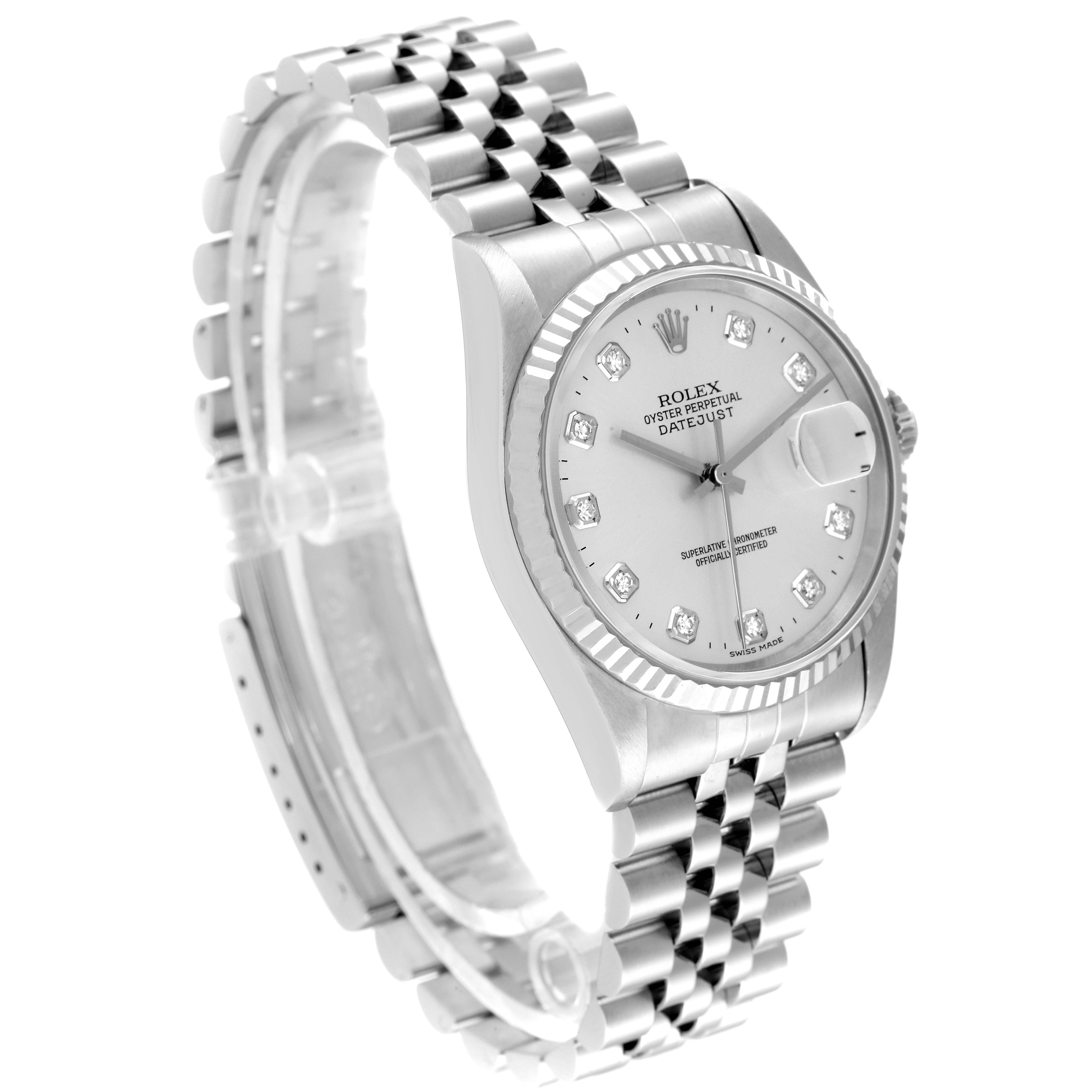 This image shows a Rolex Datejust 16234 Men's Stainless Steel Silver Dial 16234 Men's Stainless Steel Silver Dial watch angled slightly from the front with its face, bezel, and bracelet clearly visible.