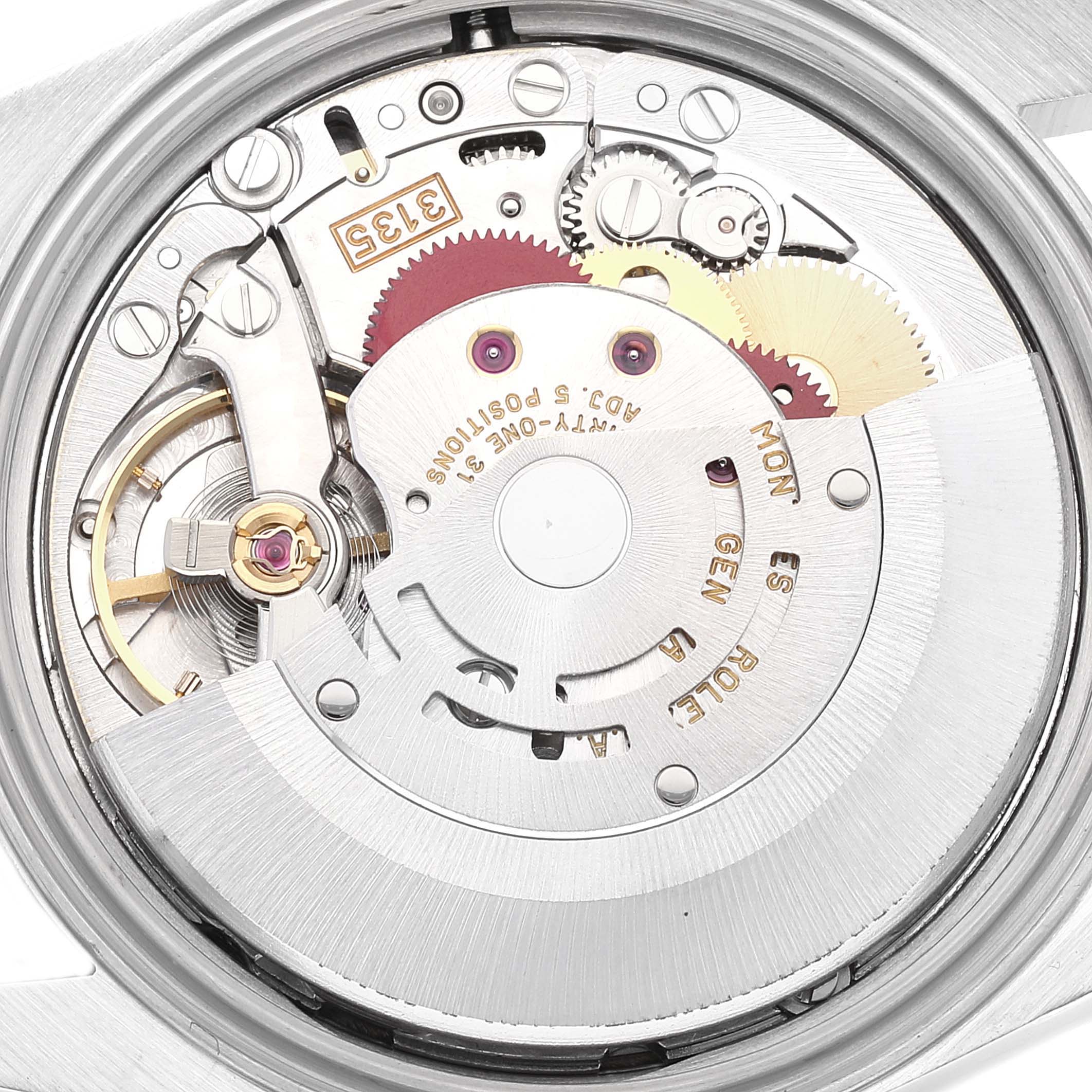 The image shows the internal movement mechanics of a Rolex Datejust 16234 Men's Stainless Steel Silver Dial 16234 Men's Stainless Steel Silver Dial watch.