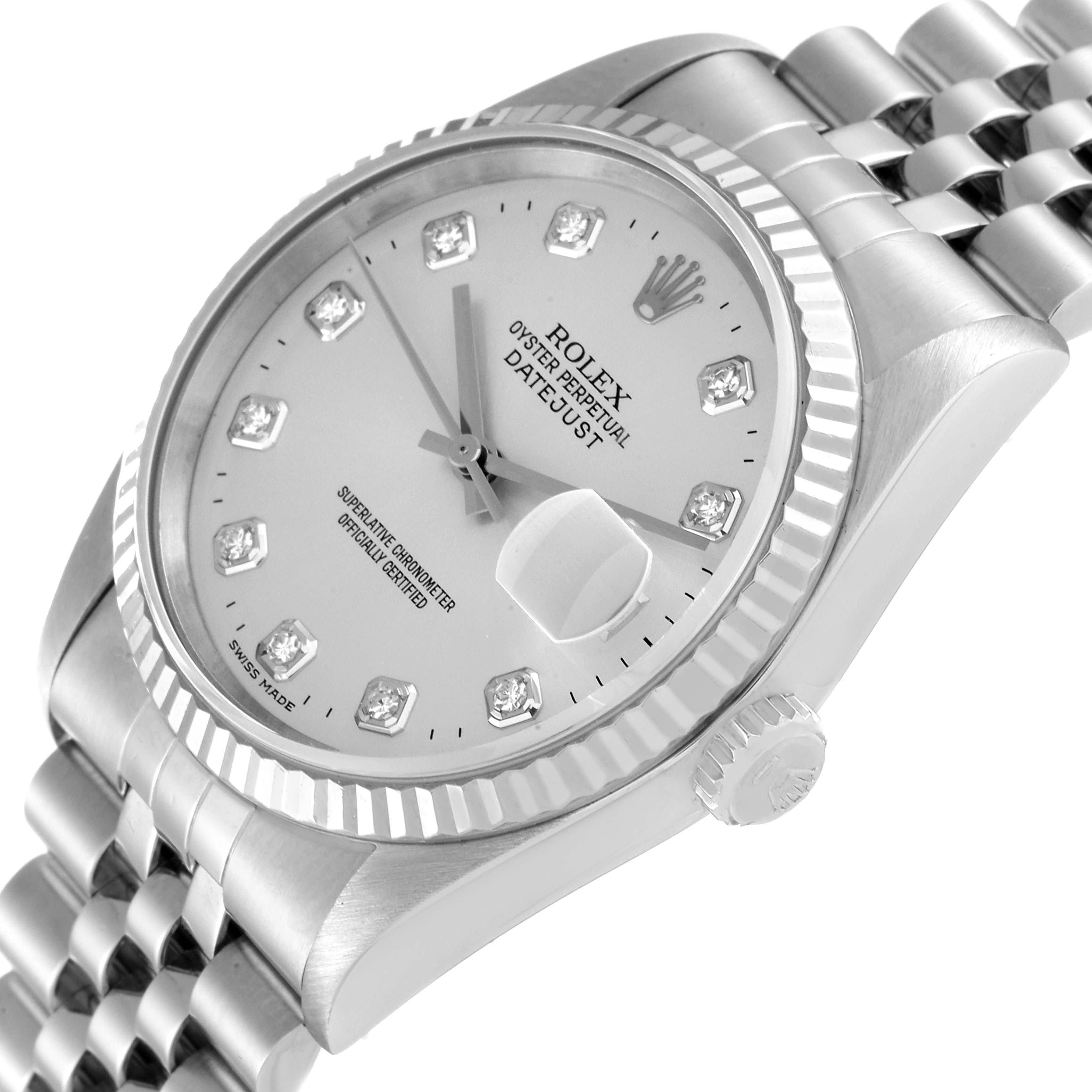 This image shows a close-up angle of the Rolex Datejust 16234 Men's Stainless Steel Silver Dial 16234 Men's Stainless Steel Silver Dial, displaying the watch face, bezel, and part of the bracelet.
