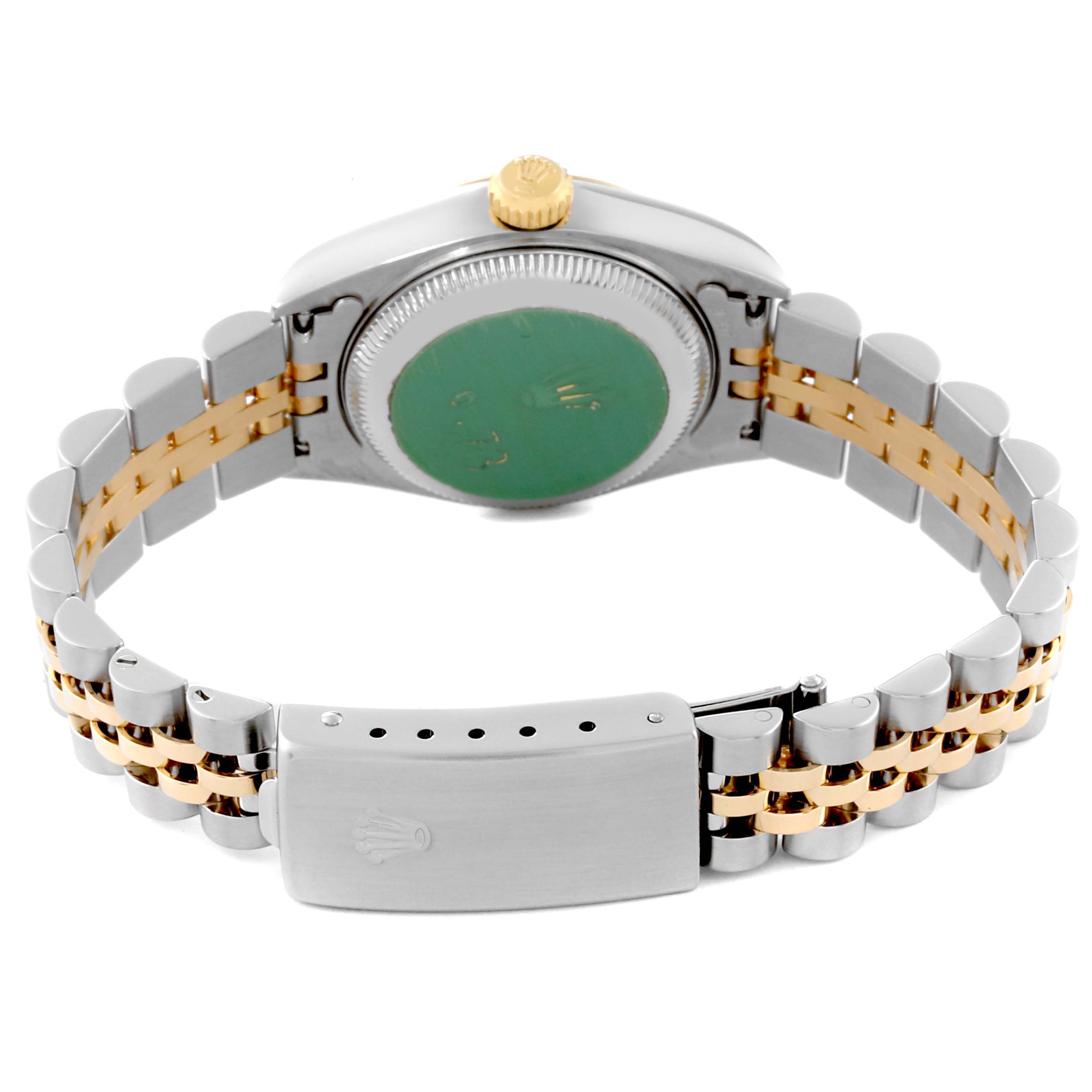 The image shows the back and bracelet of a Rolex Datejust 79173 Women's Steel and Gold (two tone) Blue Dial 79173 Women's Steel and Gold (two tone) Blue Dial watch.