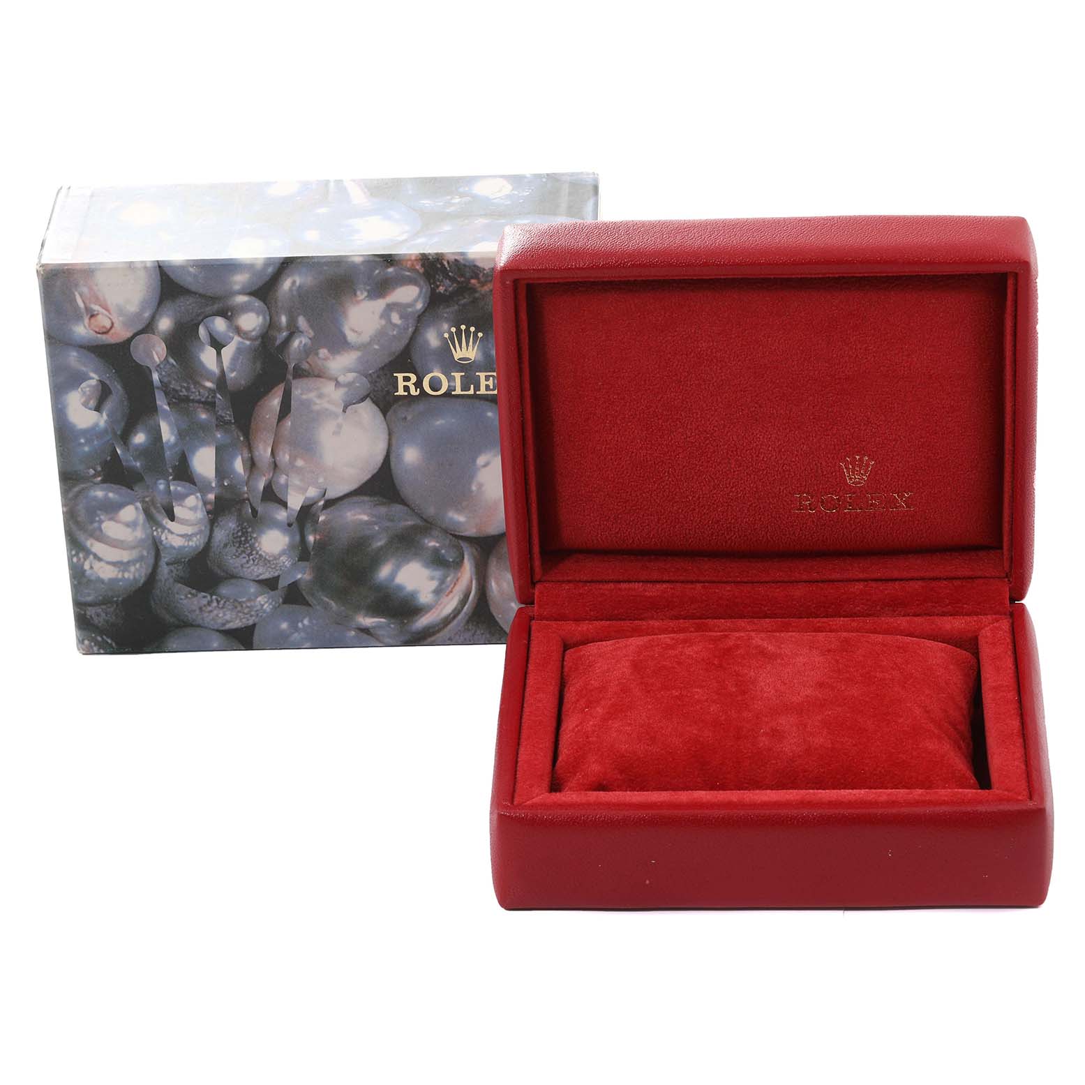 The image shows a red Rolex Datejust 79173 Women's Steel and Gold (two tone) Blue Dial 79173 Women's Steel and Gold (two tone) Blue Dial watch box and outer packaging from a front angle.