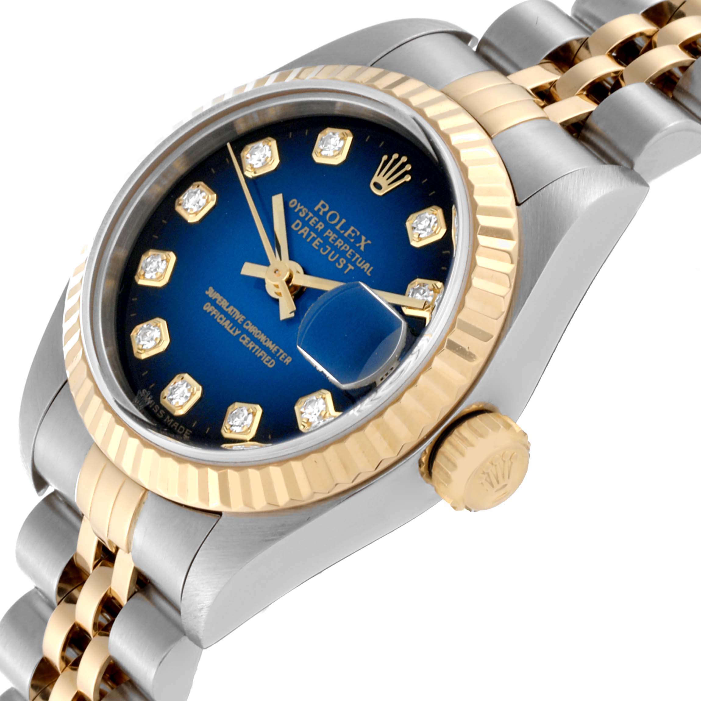The image shows a close-up angle of a Rolex Datejust 79173 Women's Steel and Gold (two tone) Blue Dial 79173 Women's Steel and Gold (two tone) Blue Dial watch highlighting the dial, bezel, and crown.