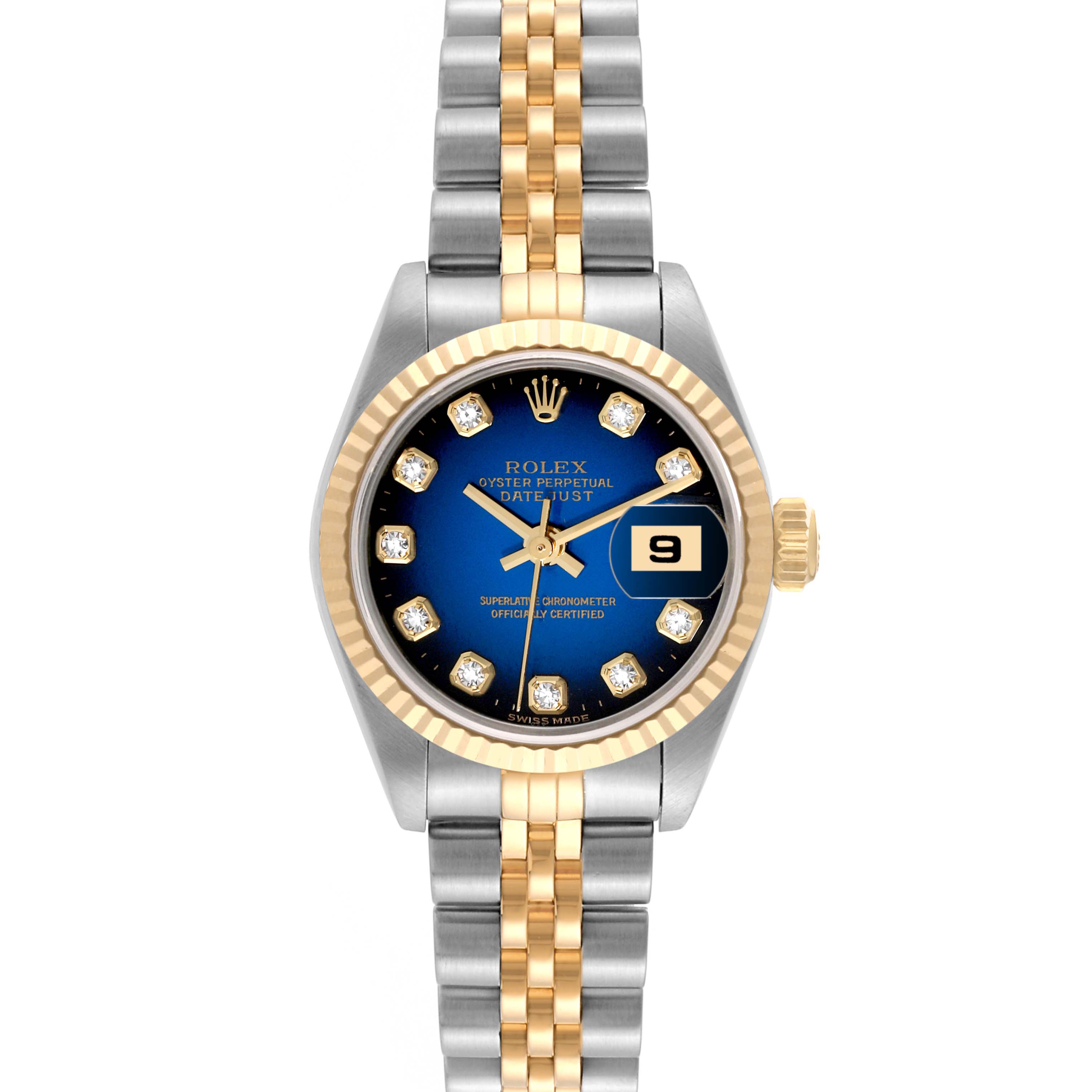 This Rolex Datejust 79173 Women's Steel and Gold (two tone) Blue Dial 79173 Women's Steel and Gold (two tone) Blue Dial watch is shown from a top-down angle, highlighting its blue dial, fluted bezel, and two-tone bracelet.
