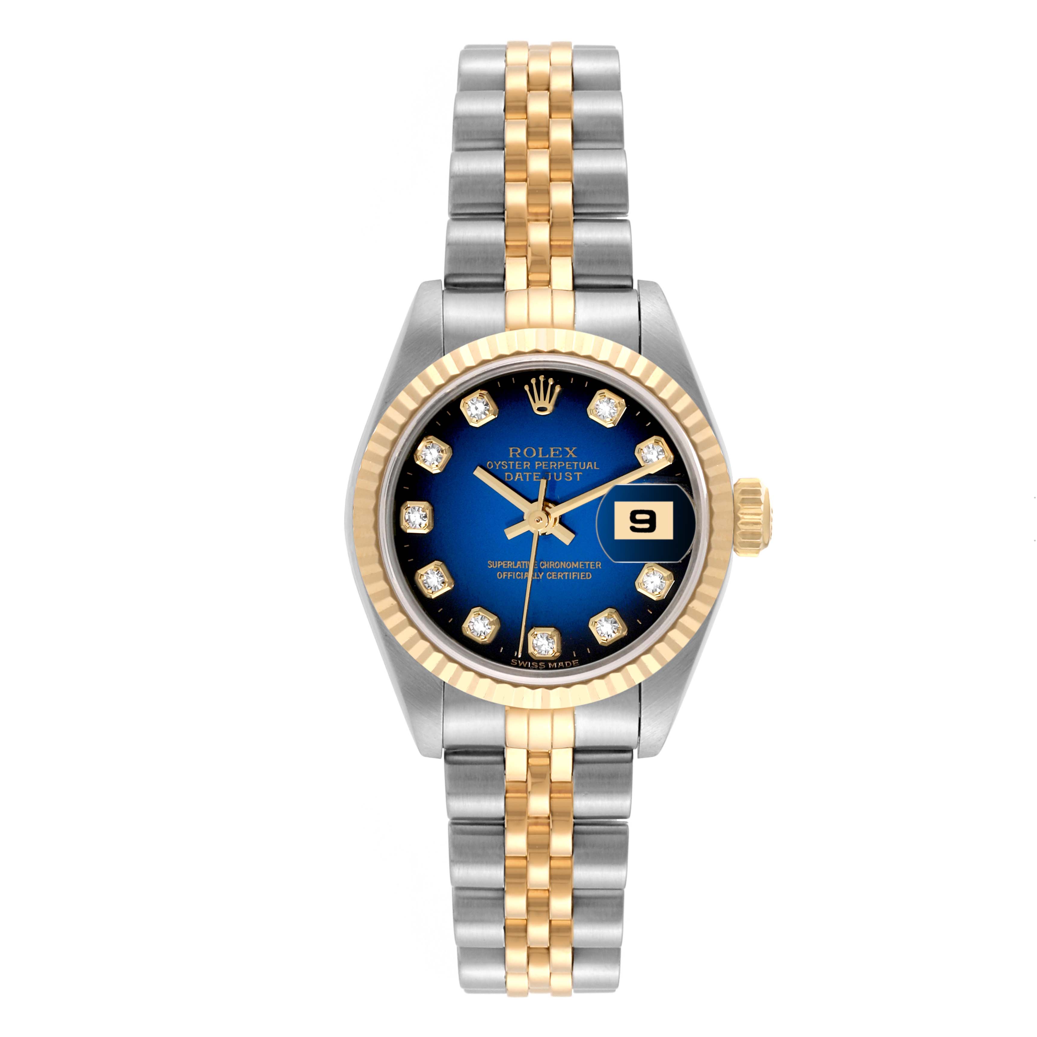 The image shows a front view of the Rolex Datejust 79173 Women's Steel and Gold (two tone) Blue Dial 79173 Women's Steel and Gold (two tone) Blue Dial watch, highlighting the dial, hands, bezel, crown, and bracelet.