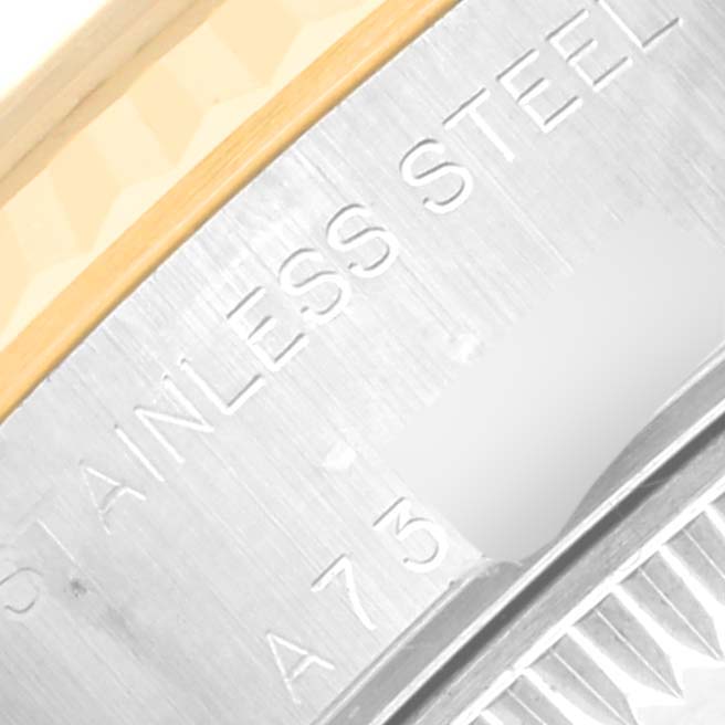 This close-up image shows the engraved stainless steel case back of the Rolex Datejust 79173 Women's Steel and Gold (two tone) Blue Dial 79173 Women's Steel and Gold (two tone) Blue Dial watch.