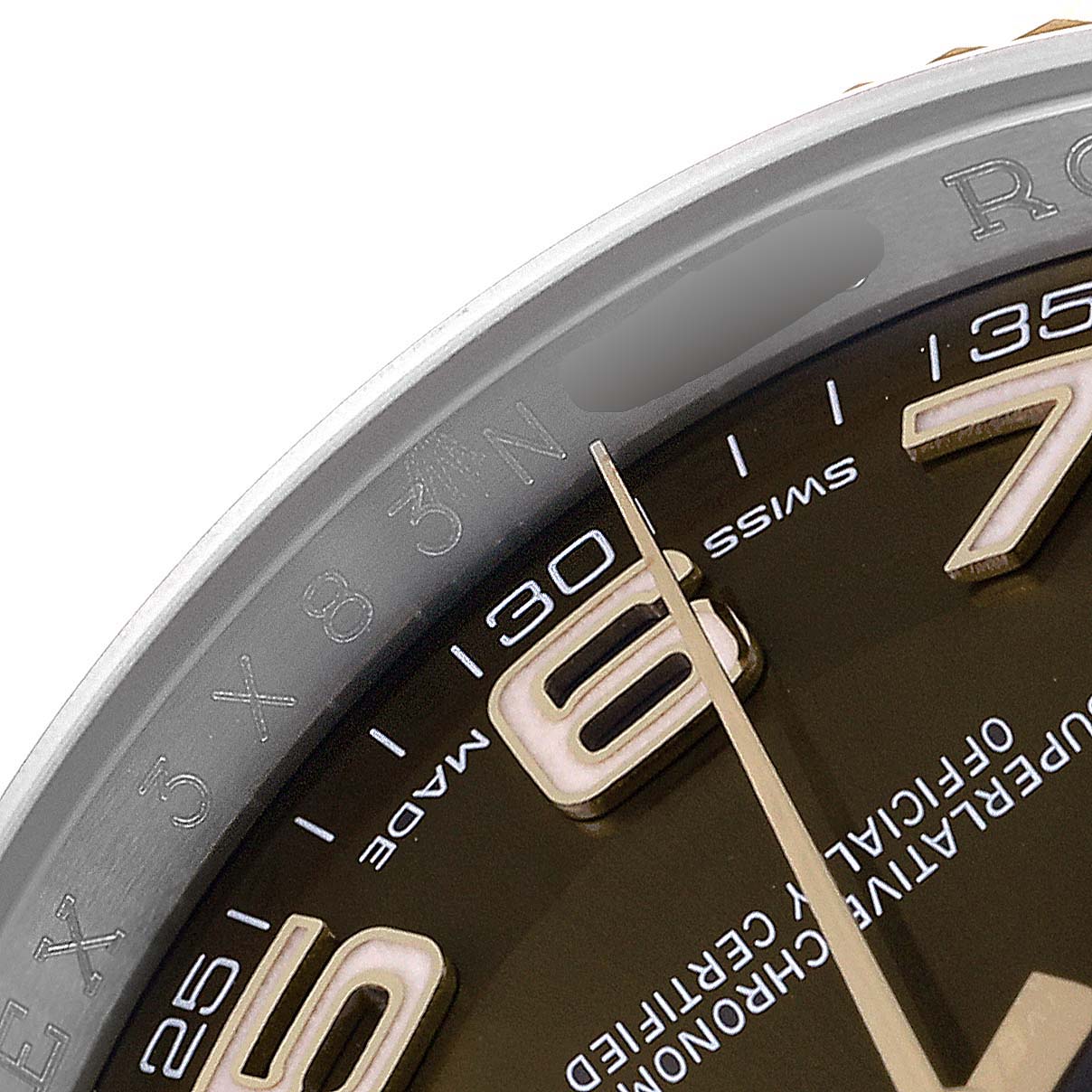 This image shows a close-up of the dial, hands, and part of the bezel of the Rolex Datejust 116233 Men's Steel and Gold (two tone) Brown Dial 116233 Men's Steel and Gold (two tone) Brown Dial watch.