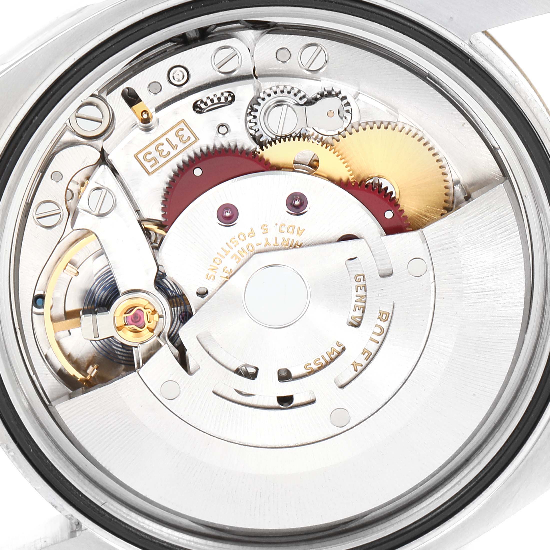 This image shows a rear angle view of the mechanism inside a Rolex Datejust 116233 Men's Steel and Gold (two tone) Brown Dial 116233 Men's Steel and Gold (two tone) Brown Dial watch, highlighting gears and the rotor.