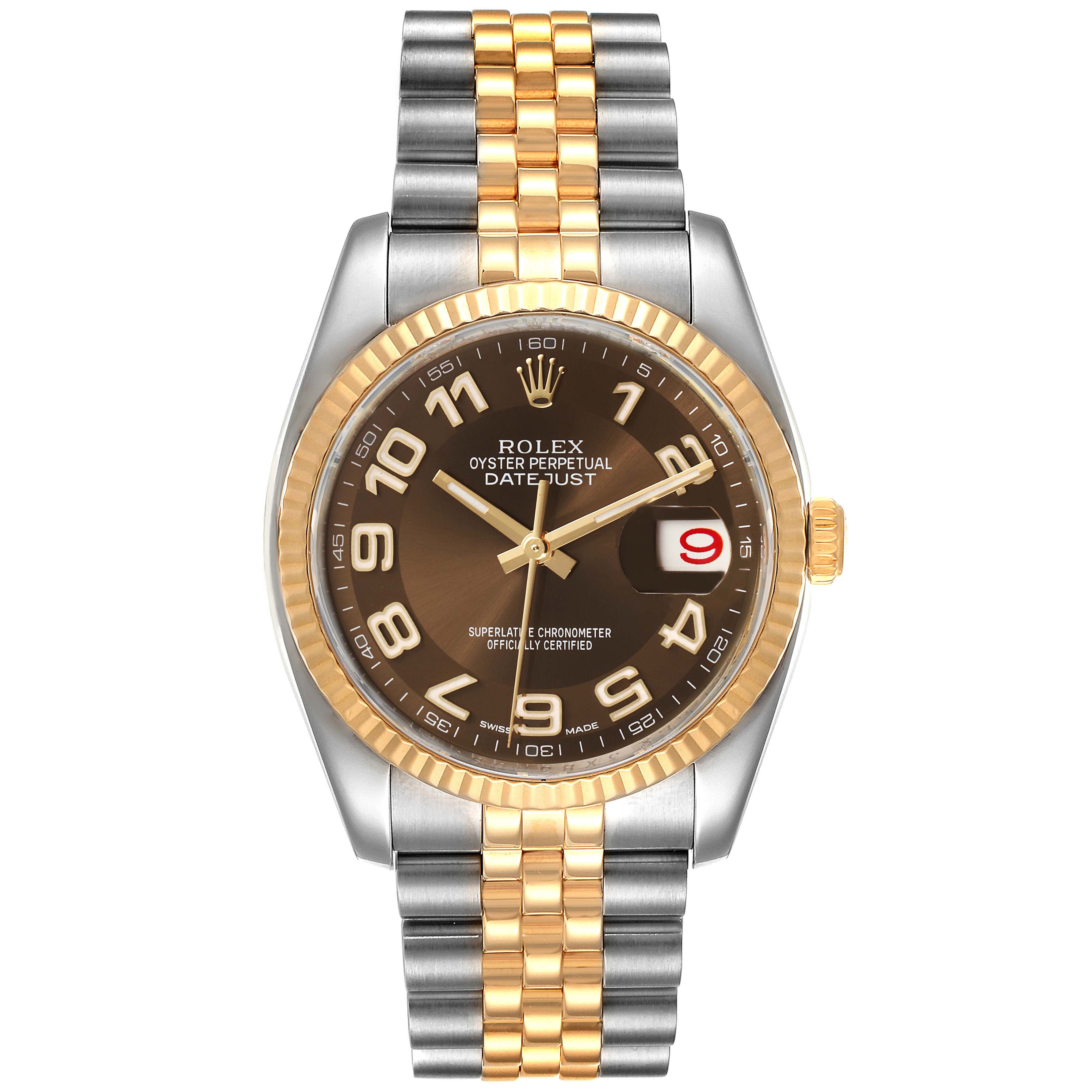 The image shows a front view of the Rolex Datejust 116233 Men's Steel and Gold (two tone) Brown Dial 116233 Men's Steel and Gold (two tone) Brown Dial watch, displaying its dial, bezel, and two-tone metal bracelet.
