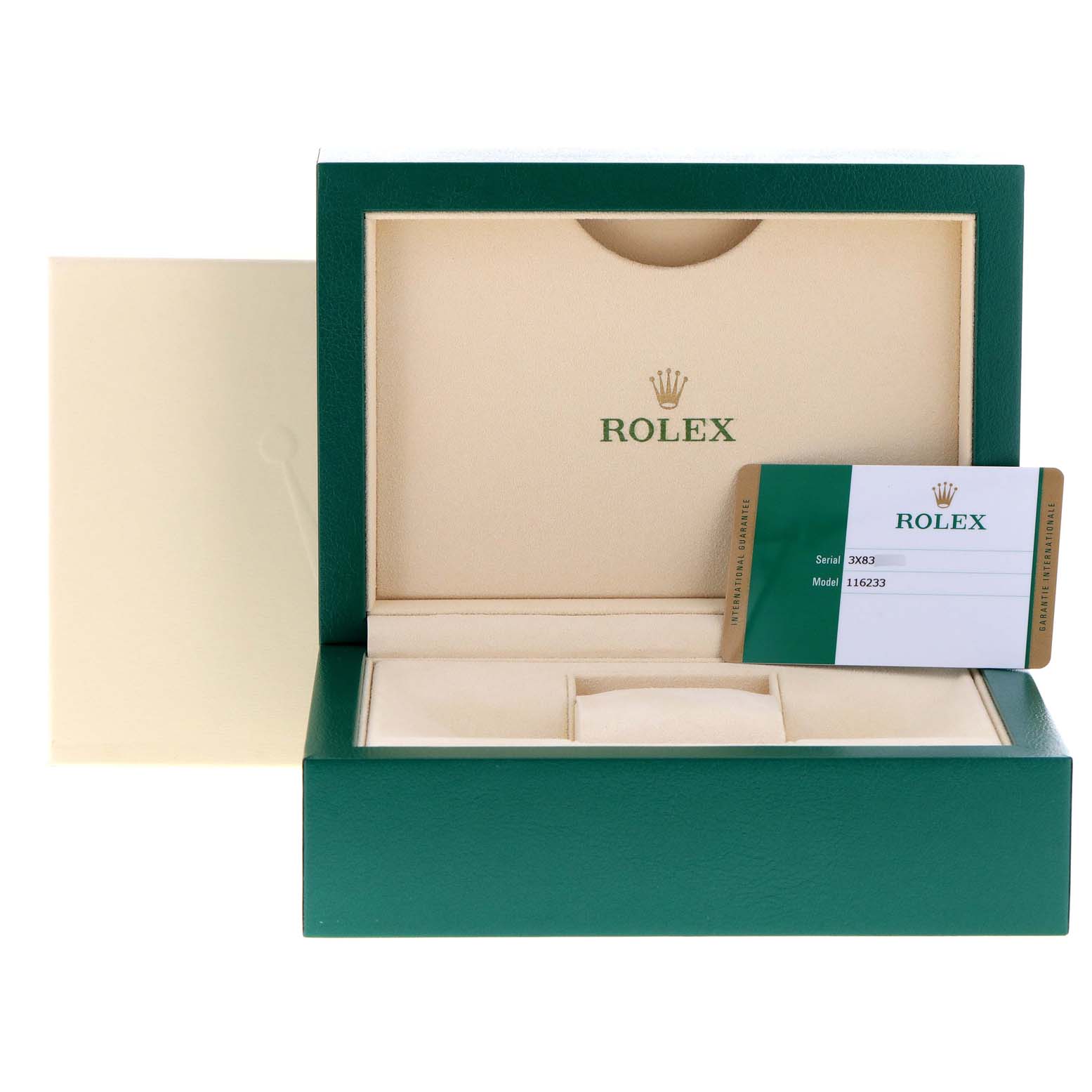The image shows the box, lid, and certification card for a Rolex Datejust 116233 Men's Steel and Gold (two tone) Brown Dial 116233 Men's Steel and Gold (two tone) Brown Dial watch.