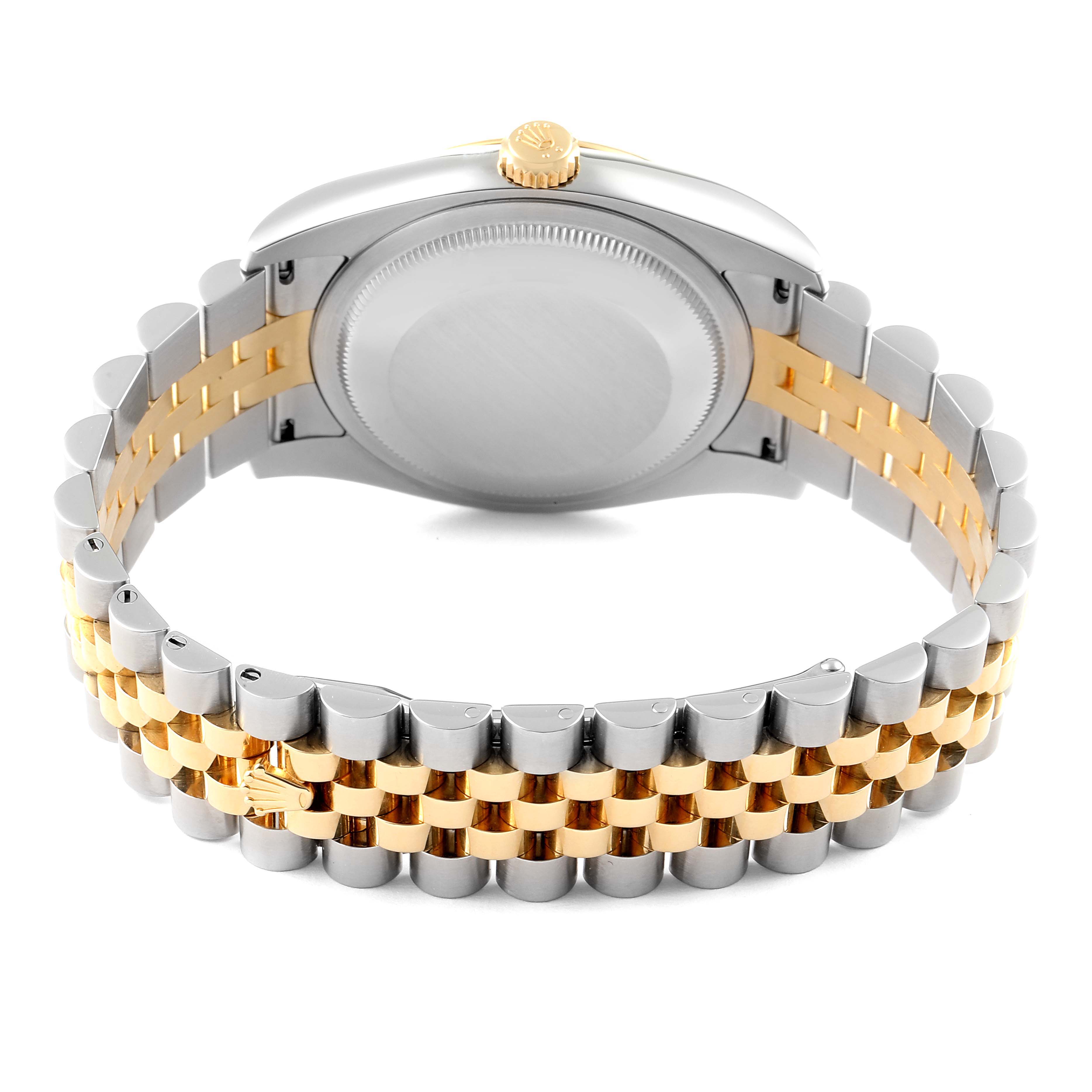 This image shows the back view of a Rolex Datejust 116233 Men's Steel and Gold (two tone) Brown Dial 116233 Men's Steel and Gold (two tone) Brown Dial watch, highlighting its steel and gold bracelet and case back.