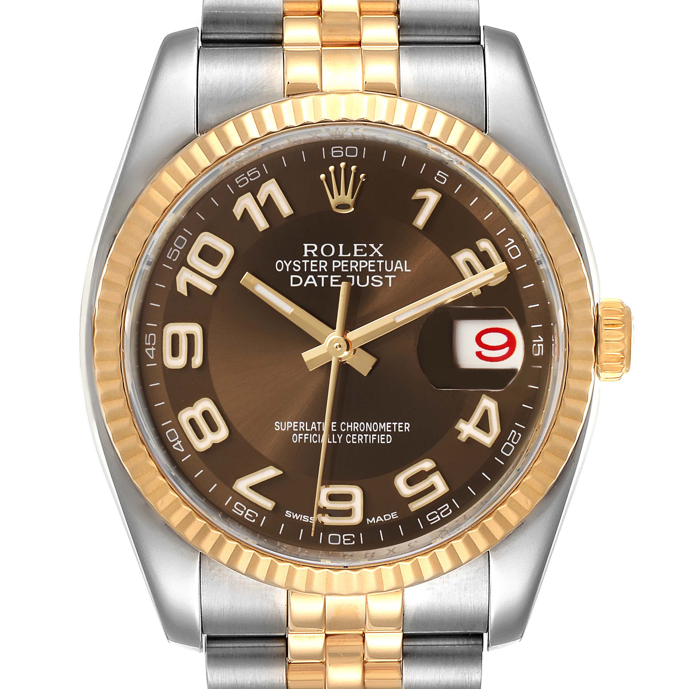 The image shows a front view of the Rolex Datejust 116233 Men's Steel and Gold (two tone) Brown Dial 116233 Men's Steel and Gold (two tone) Brown Dial watch, highlighting its dial, bezel, crown, and bracelet.