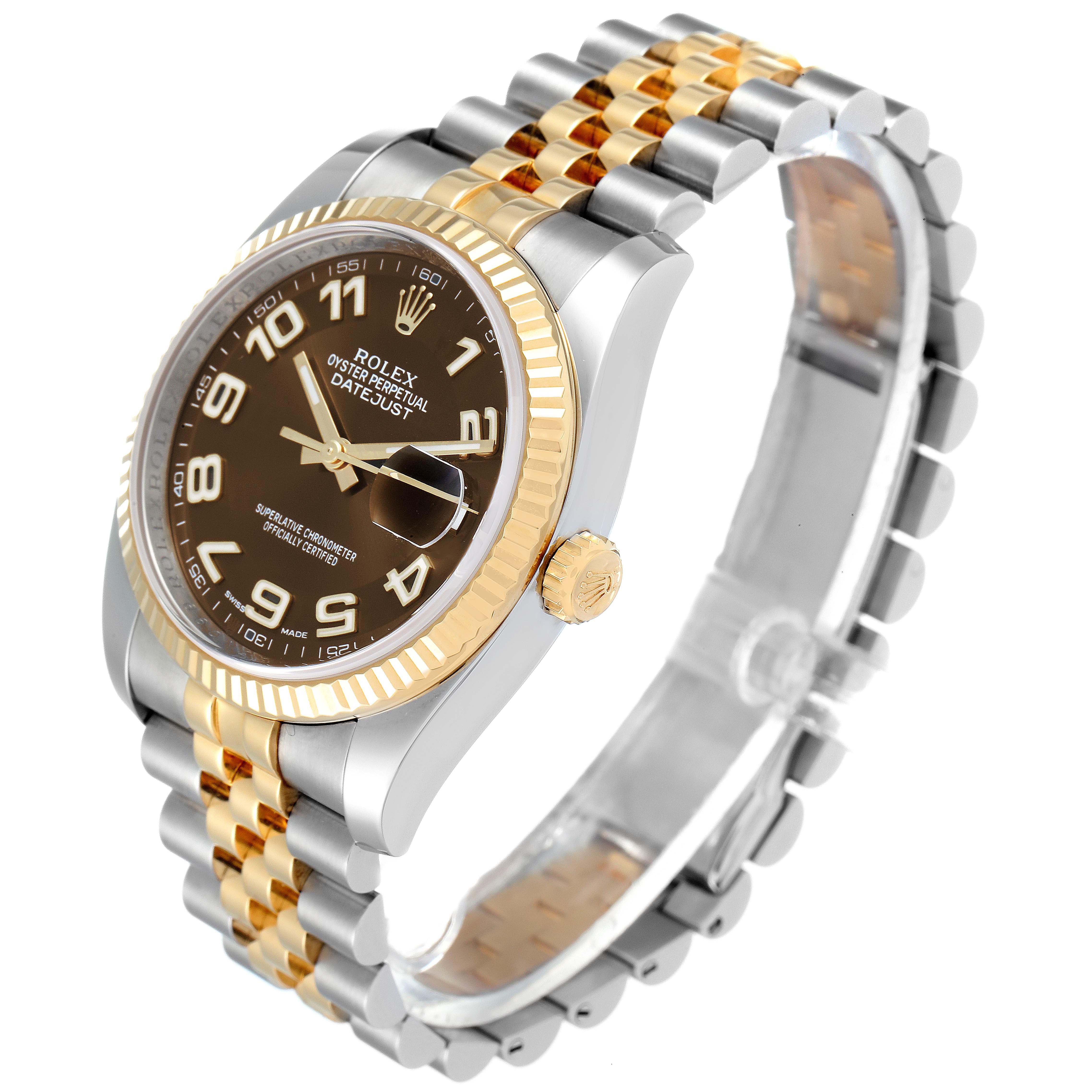 This image shows a Rolex Datejust 116233 Men's Steel and Gold (two tone) Brown Dial 116233 Men's Steel and Gold (two tone) Brown Dial watch from an angled side view, displaying the face, bezel, crown, and bracelet.