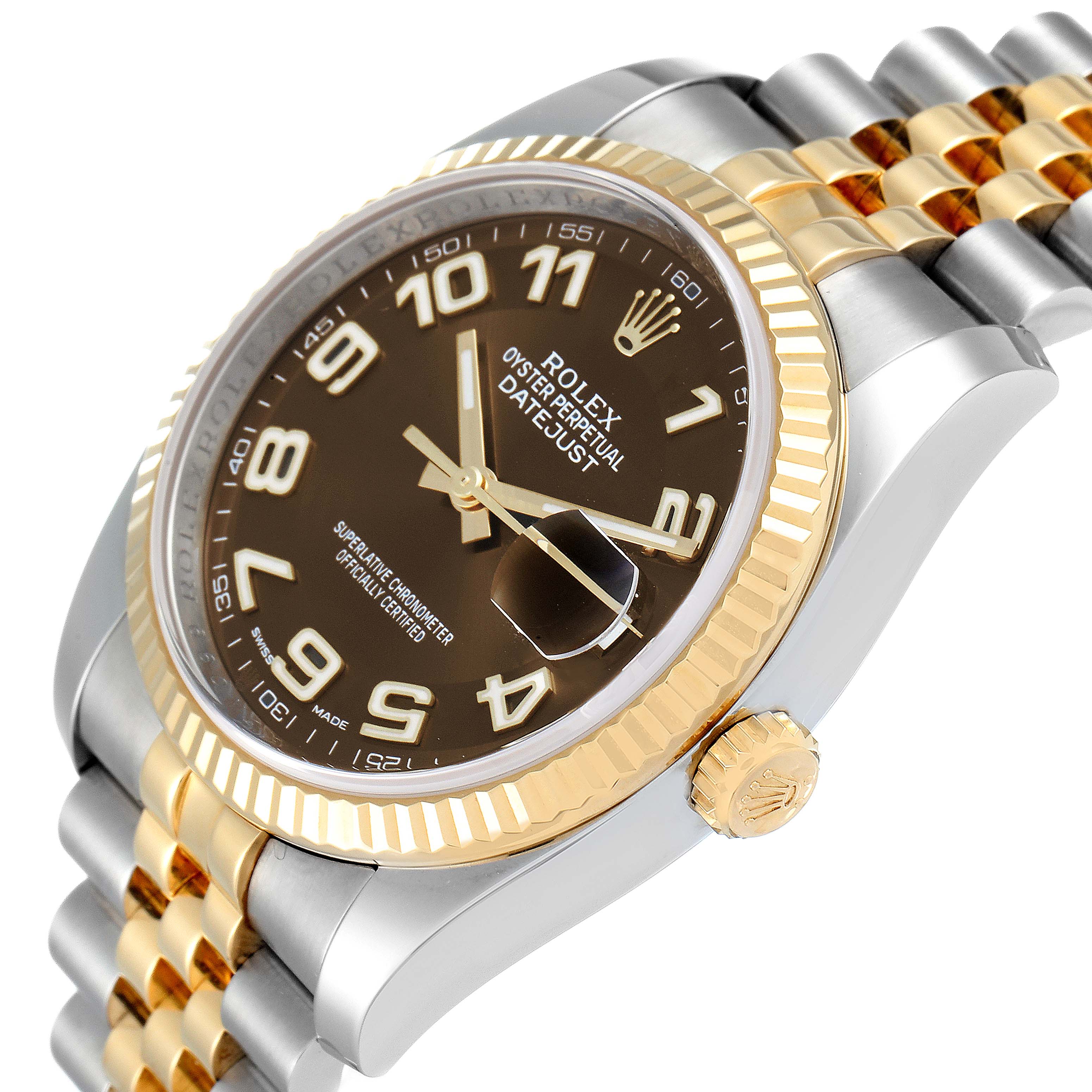 The image shows a close-up, angled view of a Rolex Datejust 116233 Men's Steel and Gold (two tone) Brown Dial 116233 Men's Steel and Gold (two tone) Brown Dial watch, highlighting its dial, bezel, crown, and bracelet.