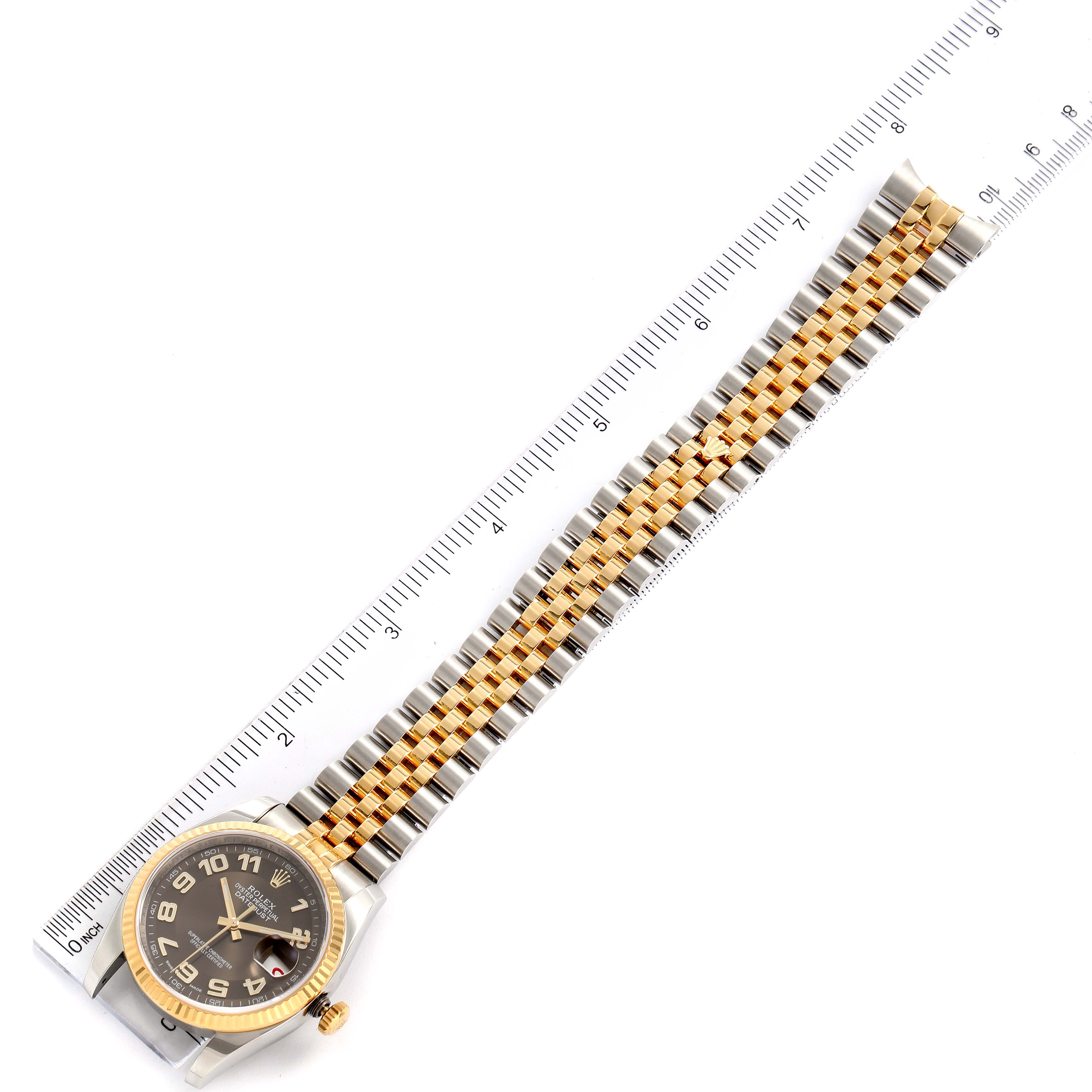 The image shows the full length of a Rolex Datejust 116233 Men's Steel and Gold (two tone) Brown Dial 116233 Men's Steel and Gold (two tone) Brown Dial watch laid out flat, with a ruler beside it for size reference.