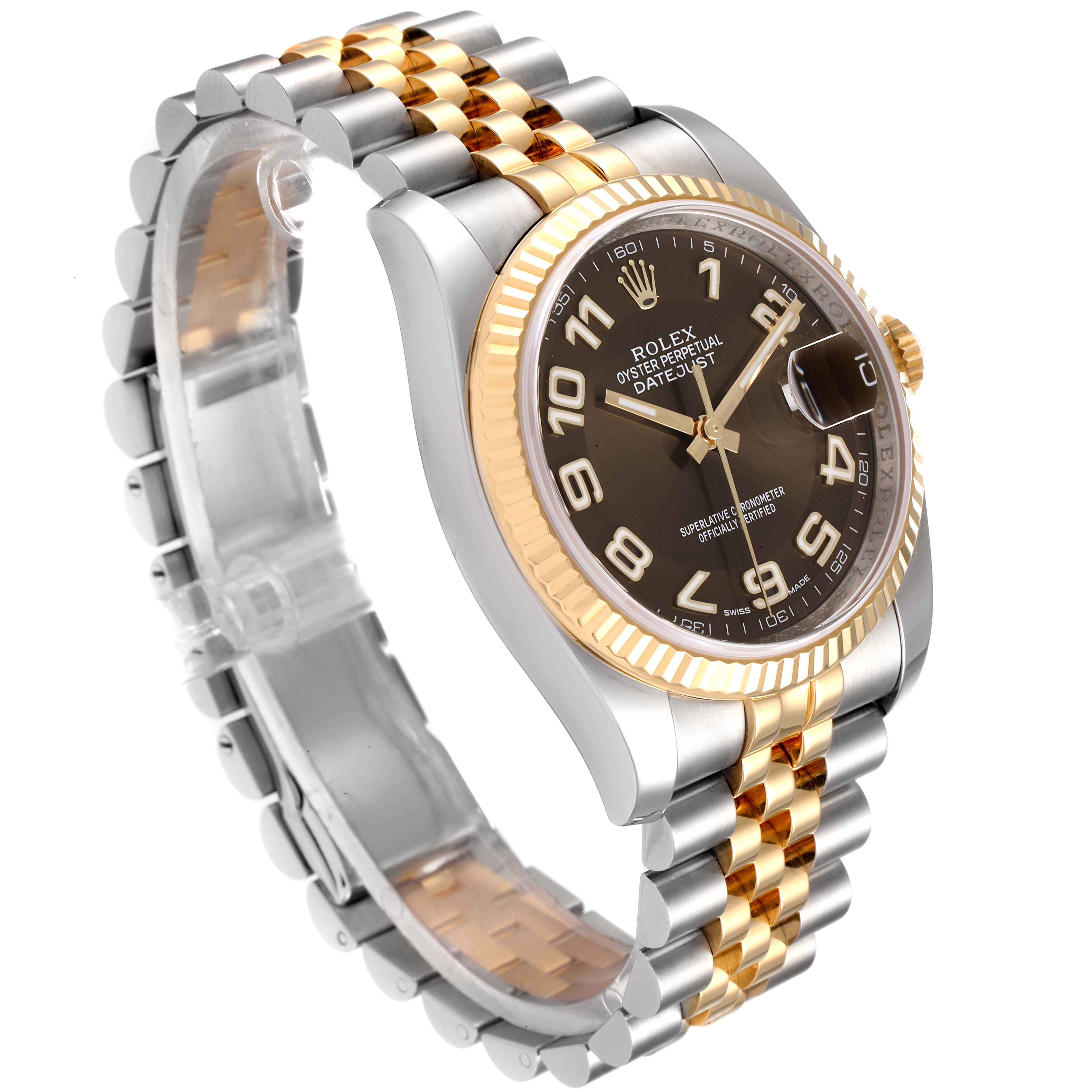 The Rolex Datejust 116233 Men's Steel and Gold (two tone) Brown Dial 116233 Men's Steel and Gold (two tone) Brown Dial watch is displayed at a three-quarter angle, showing the dial, bezel, crown, and two-tone bracelet.