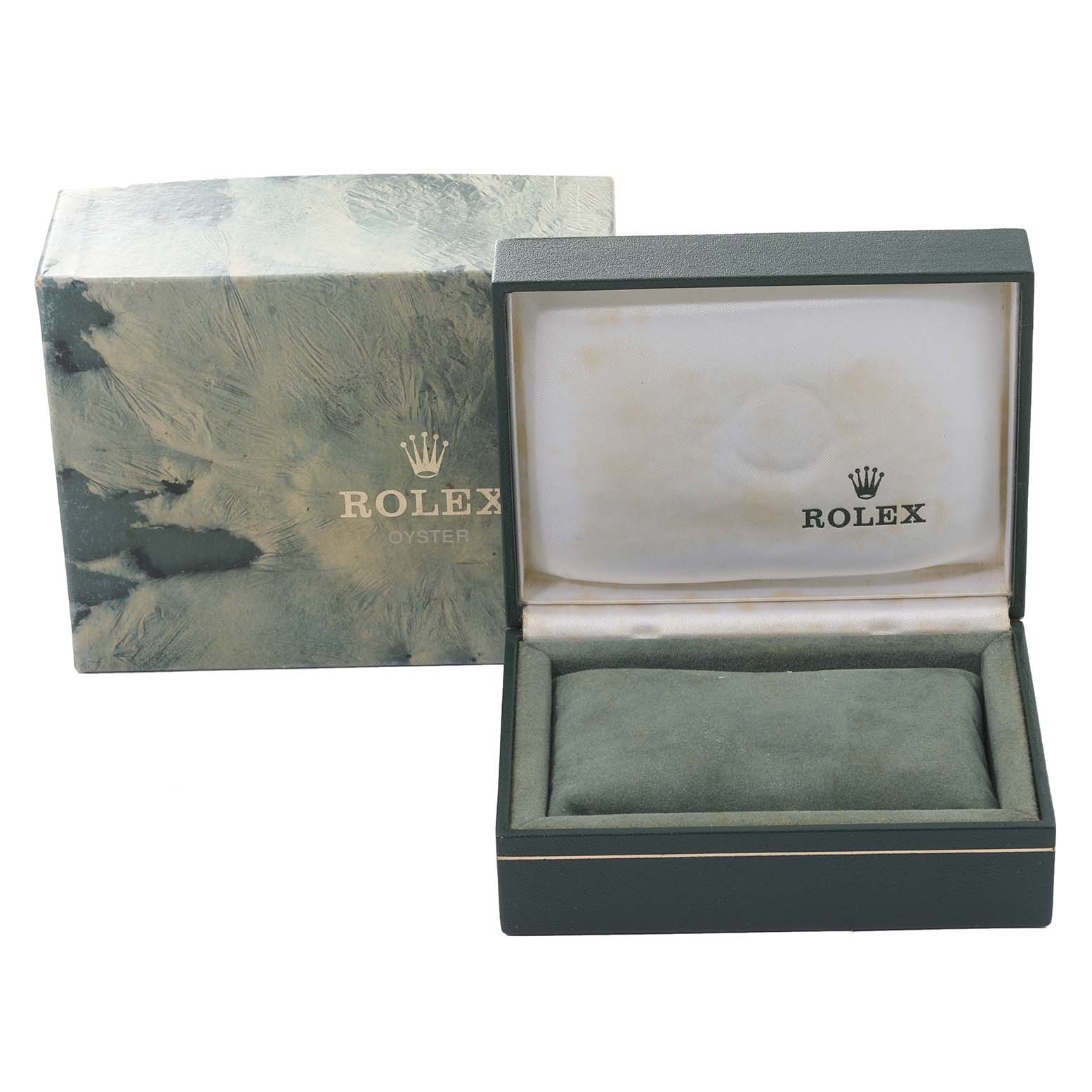 The image shows an open Rolex Vintage Collection 16013 Men's Steel and Gold (two tone) Champagne Dial 16013 Men's Steel and Gold (two tone) Champagne Dial watch box, with both the outer and inner boxes visible.