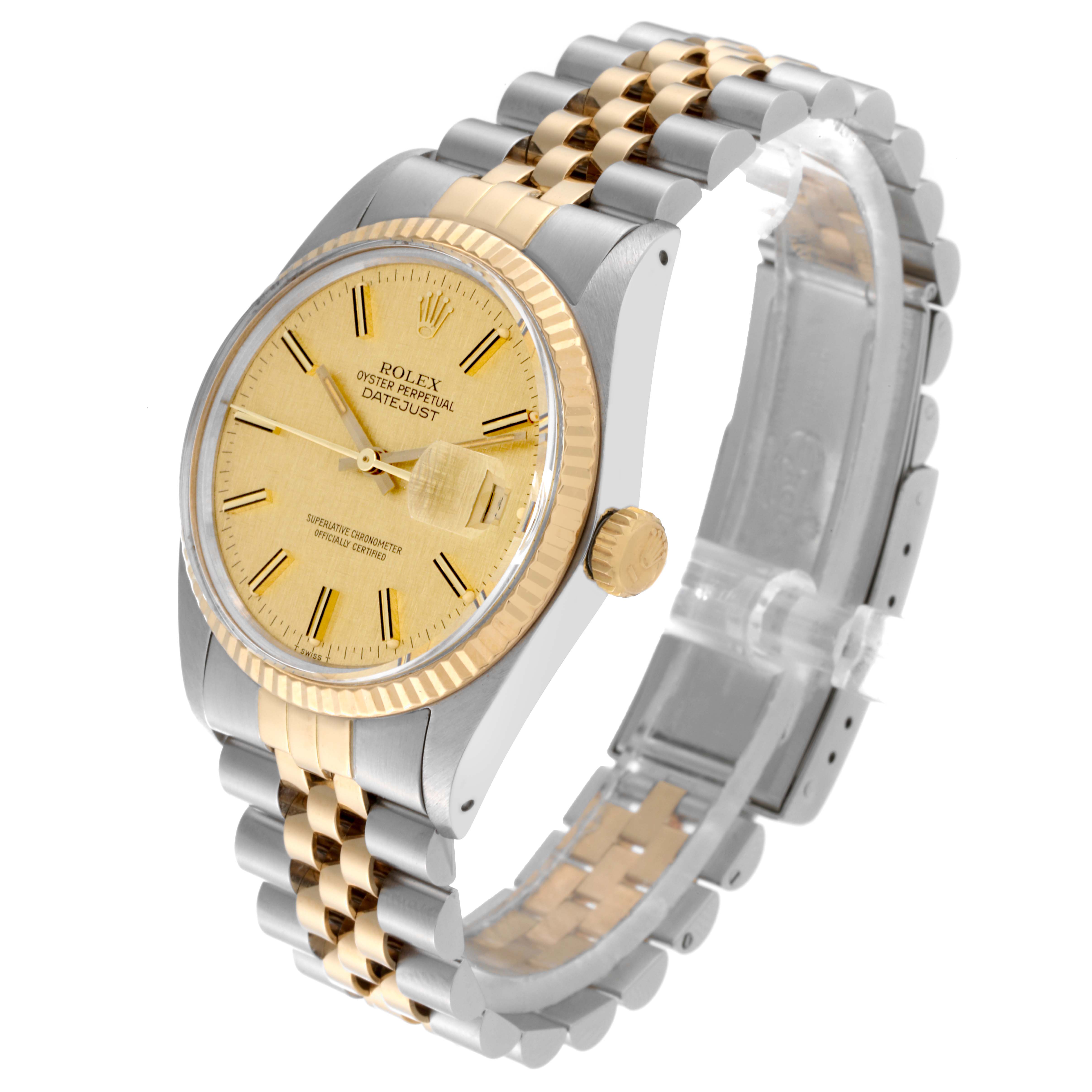 The Rolex Vintage Collection 16013 Men's Steel and Gold (two tone) Champagne Dial 16013 Men's Steel and Gold (two tone) Champagne Dial model from an oblique view shows the dial, bezel, crown, and two-tone Jubilee bracelet.