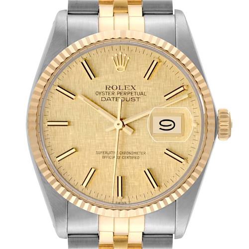 The image shows a front view of a Rolex Vintage Collection Oyster Perpetual Datejust watch, highlighting the dial, bezel, and part of the bracelet.