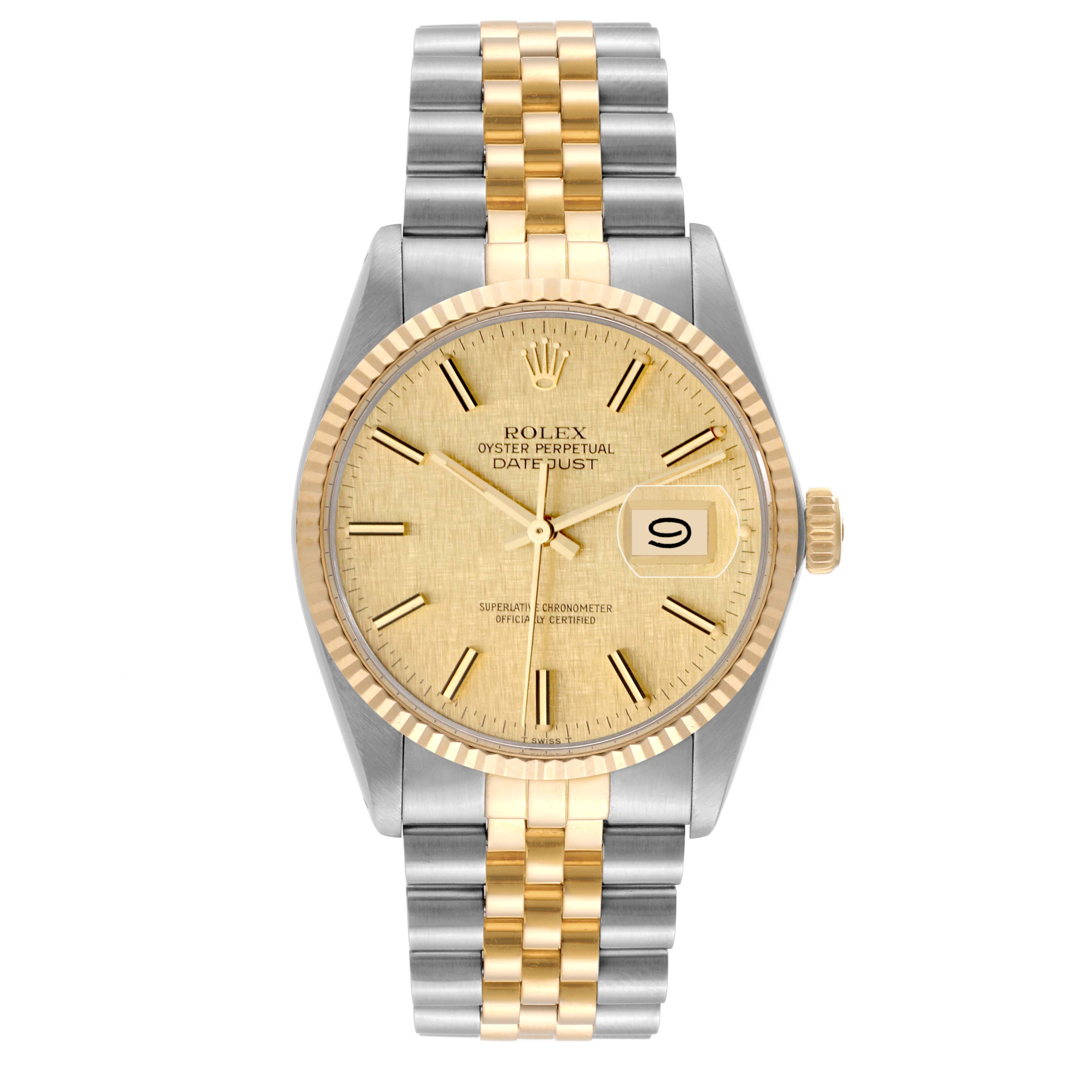 The image shows a front view of a Rolex Vintage Collection 16013 Men's Steel and Gold (two tone) Champagne Dial 16013 Men's Steel and Gold (two tone) Champagne Dial model, featuring a two-tone bracelet and a date display.