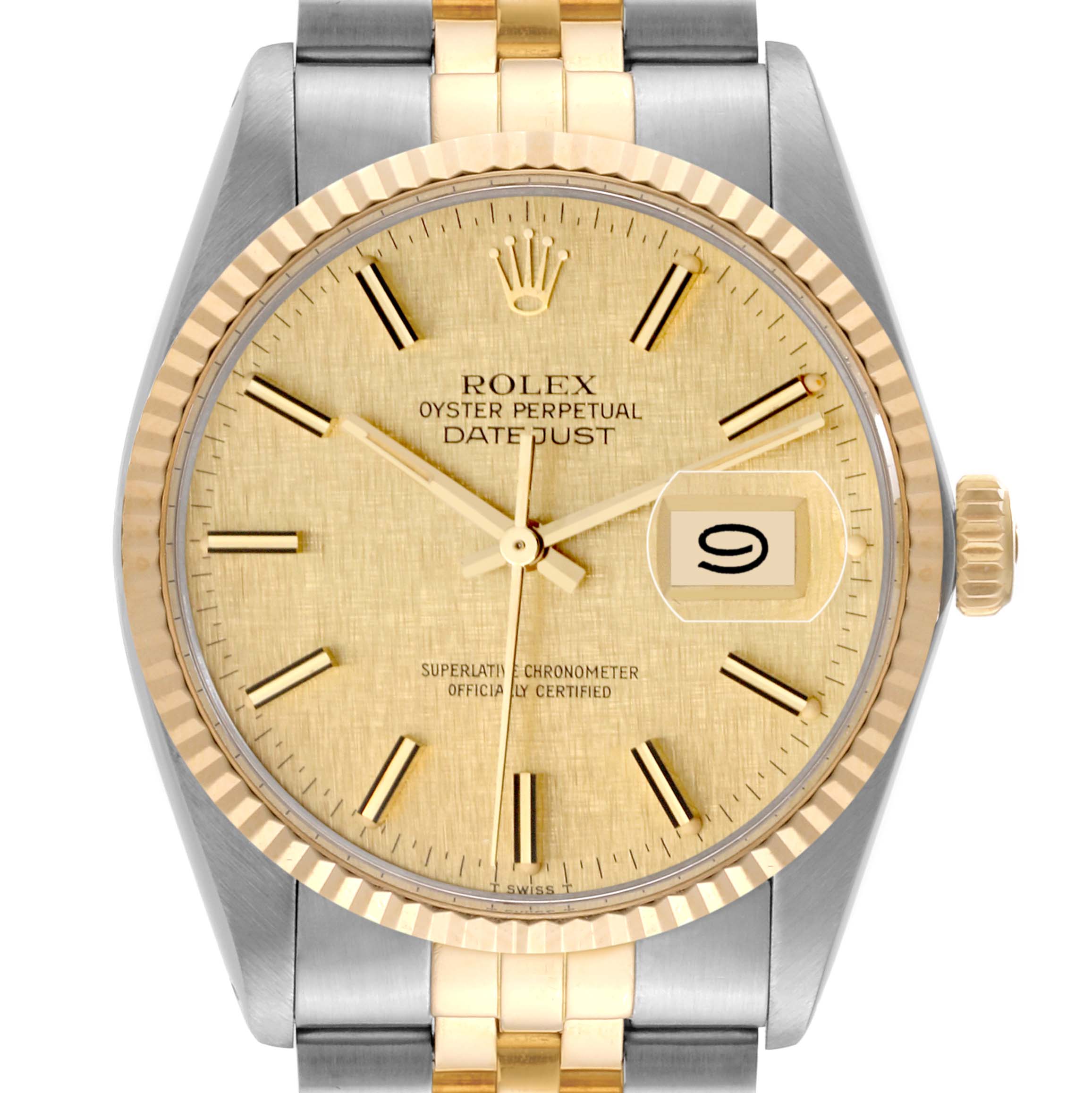 The Rolex Vintage Collection 16013 Men's Steel and Gold (two tone) Champagne Dial 16013 Men's Steel and Gold (two tone) Champagne Dial model watch is shown from a top-down angle, highlighting its face, bezel, and part of its two-tone bracelet.
