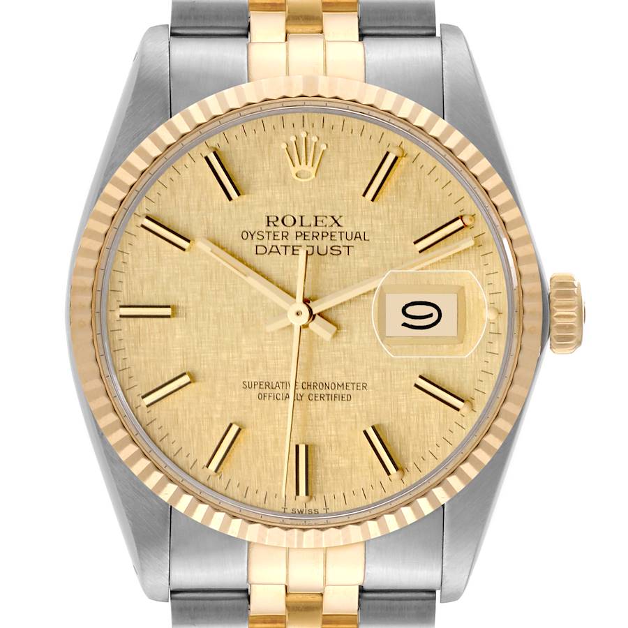 Rolex Datejust Steel Yellow Gold Champagne Linen Dial Vintage Mens Watch 16013 SwissWatchExpo