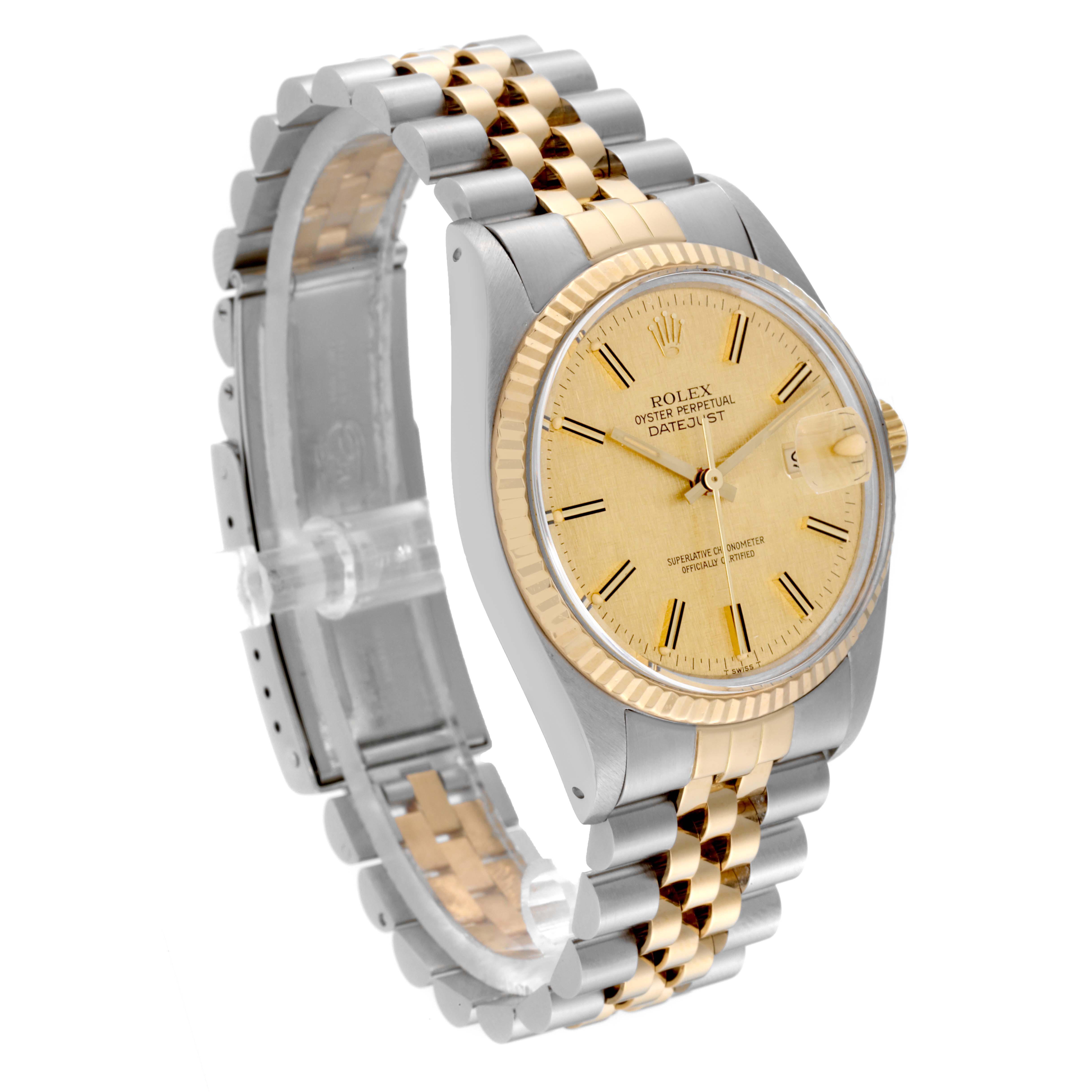 This Rolex Vintage Collection 16013 Men's Steel and Gold (two tone) Champagne Dial 16013 Men's Steel and Gold (two tone) Champagne Dial model is shown from an oblique angle, highlighting the face, bezel, and metal bracelet.