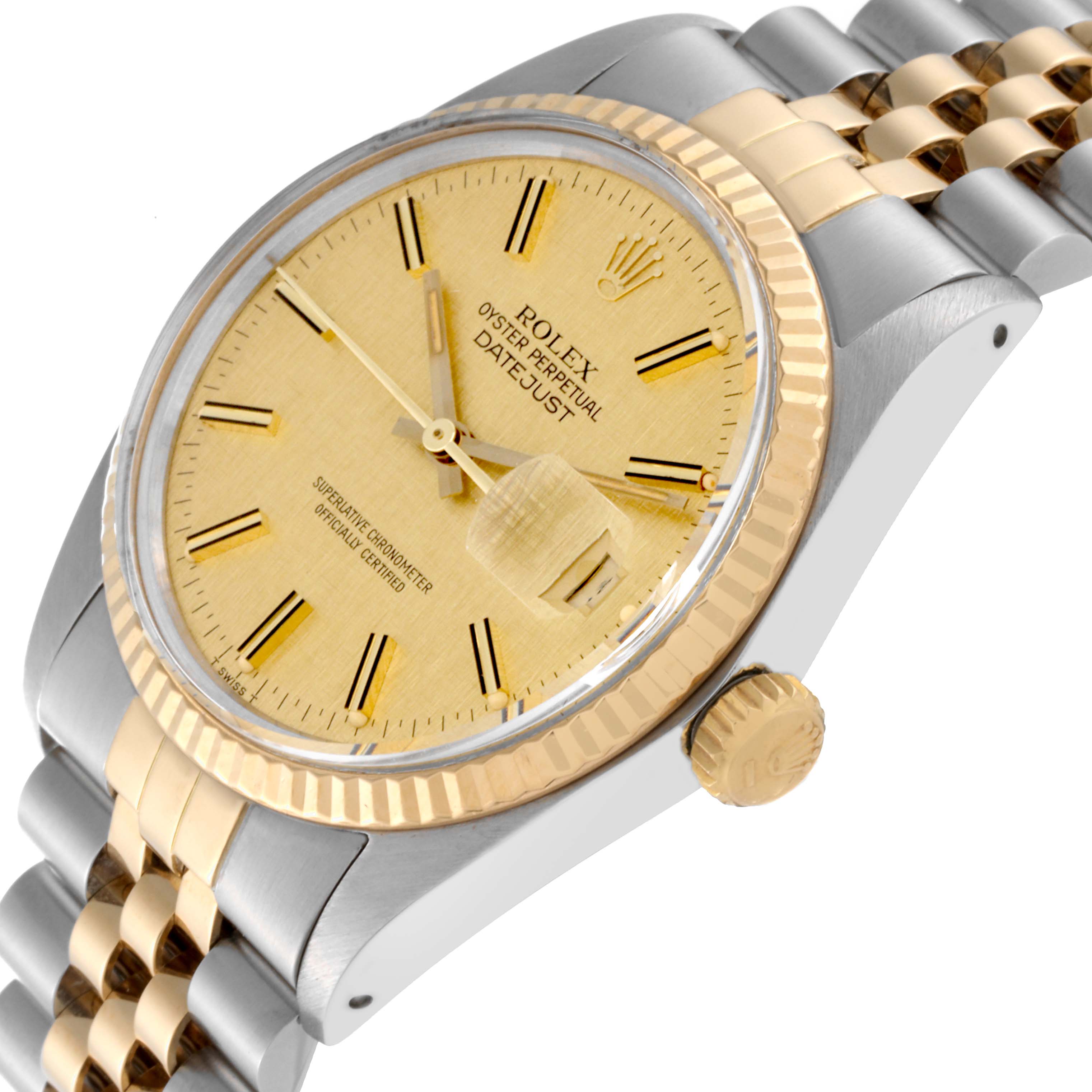 The image shows a close-up angled view of the face, bezel, crown, and bracelet of the Rolex Vintage Collection 16013 Men's Steel and Gold (two tone) Champagne Dial 16013 Men's Steel and Gold (two tone) Champagne Dial Datejust watch.
