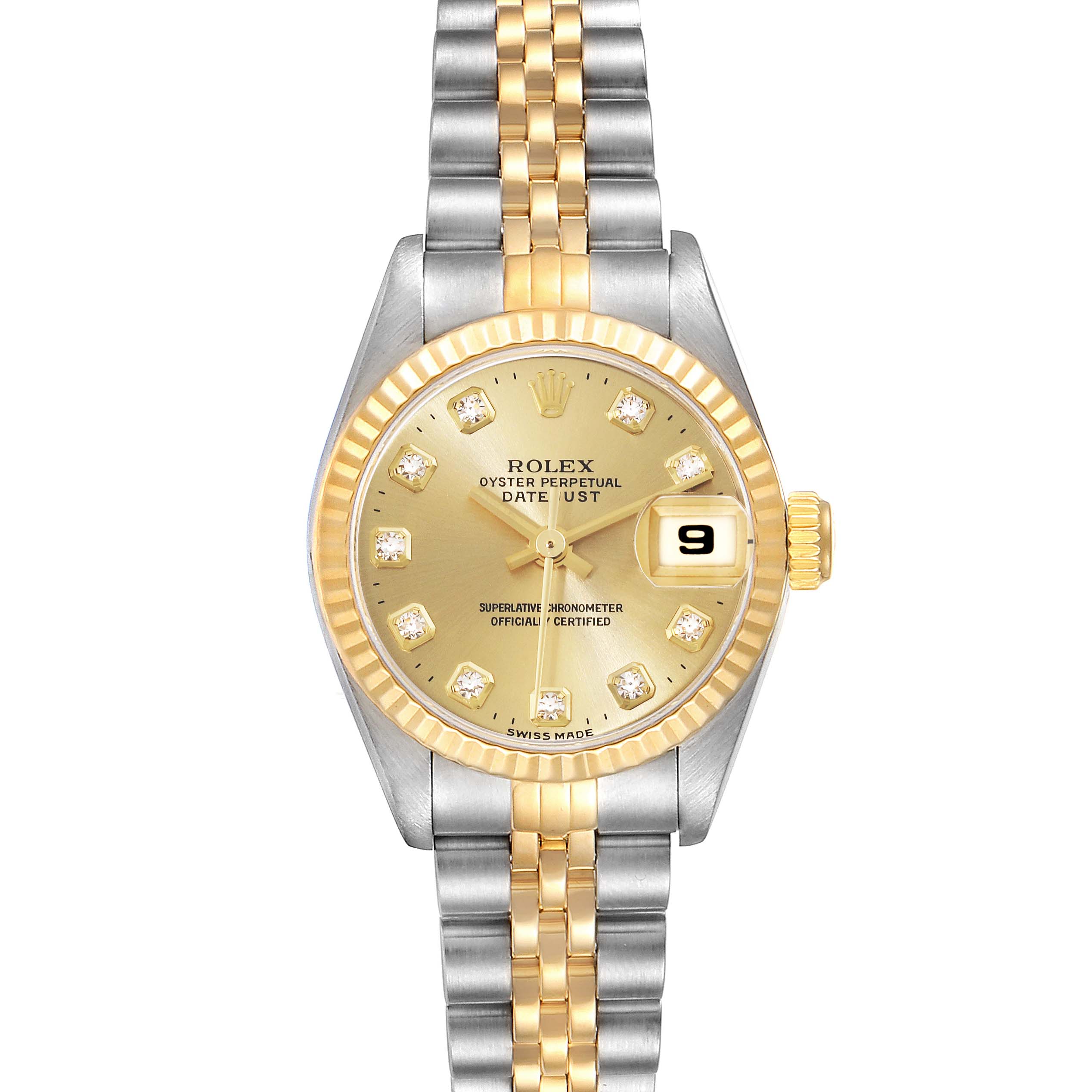 This image shows a Rolex Datejust 69173 Women's Steel and Gold (two tone) Champagne Dial 69173 Women's Steel and Gold (two tone) Champagne Dial watch from a front angle, displaying the dial, bezel, crown, and two-tone bracelet.