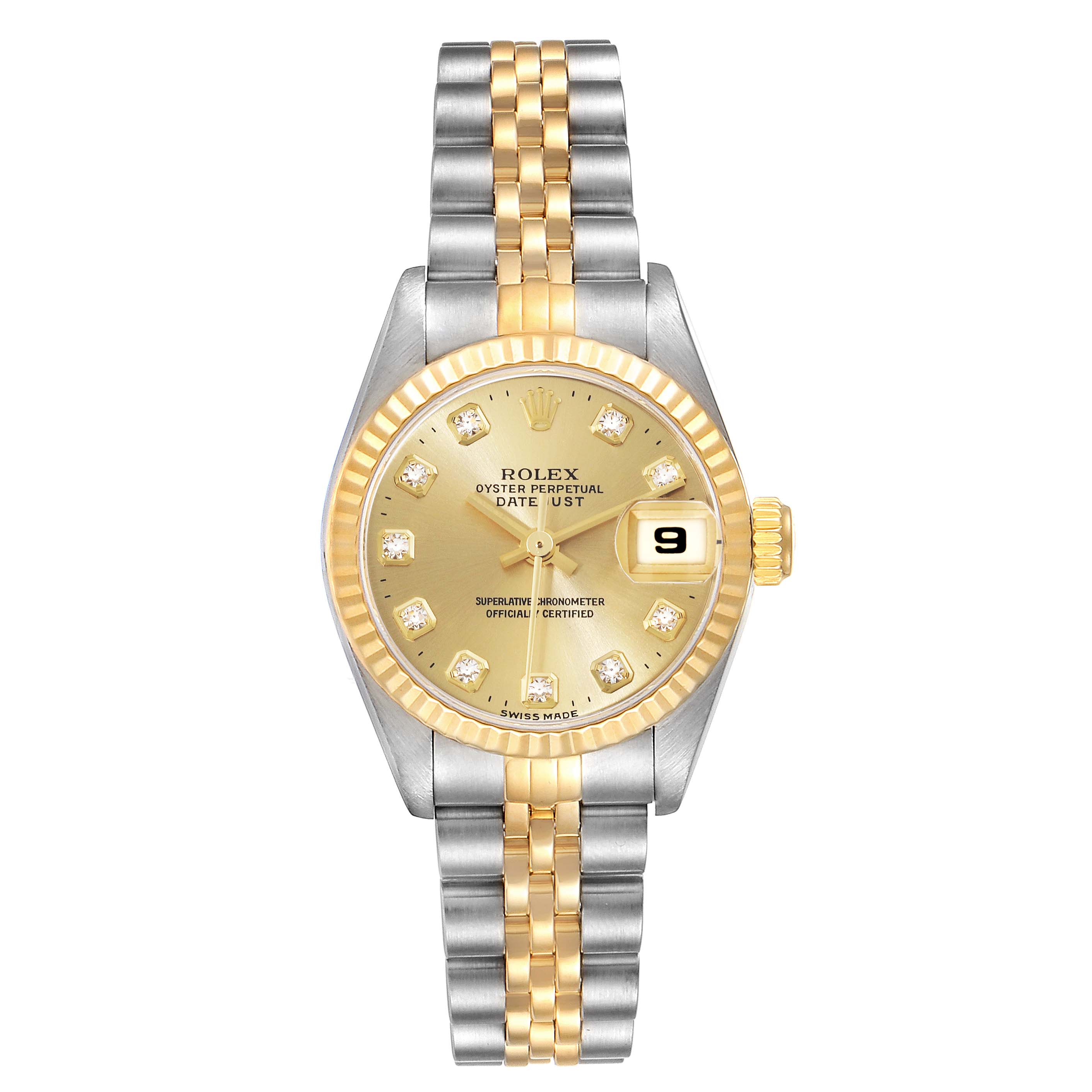 The Rolex Datejust 69173 Women's Steel and Gold (two tone) Champagne Dial 69173 Women's Steel and Gold (two tone) Champagne Dial watch is shown from a top-down angle, highlighting its gold bezel, dial, and two-tone bracelet.
