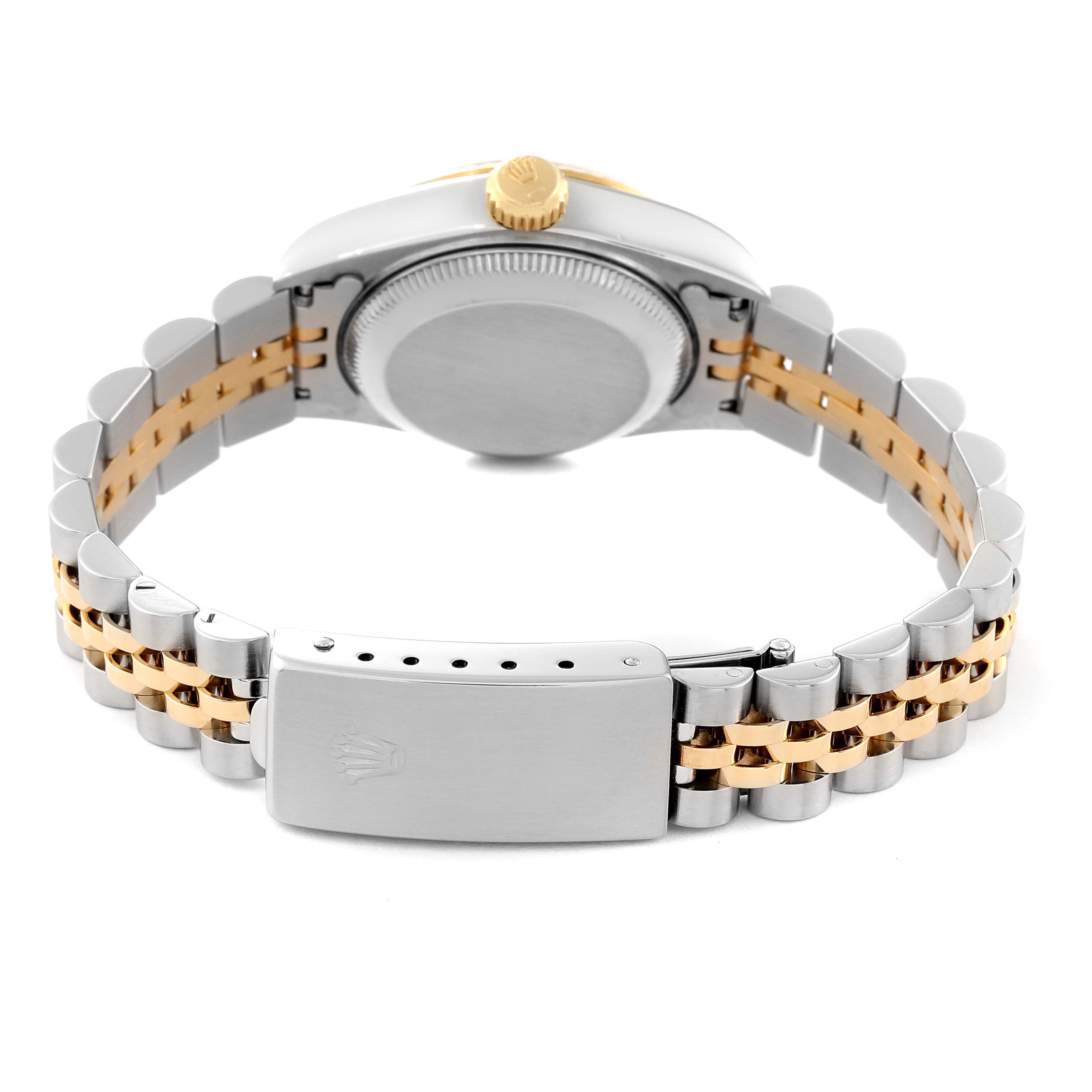 The image shows the back and clasp of a Rolex Datejust 69173 Women's Steel and Gold (two tone) Champagne Dial 69173 Women's Steel and Gold (two tone) Champagne Dial watch with a two-tone metal bracelet.