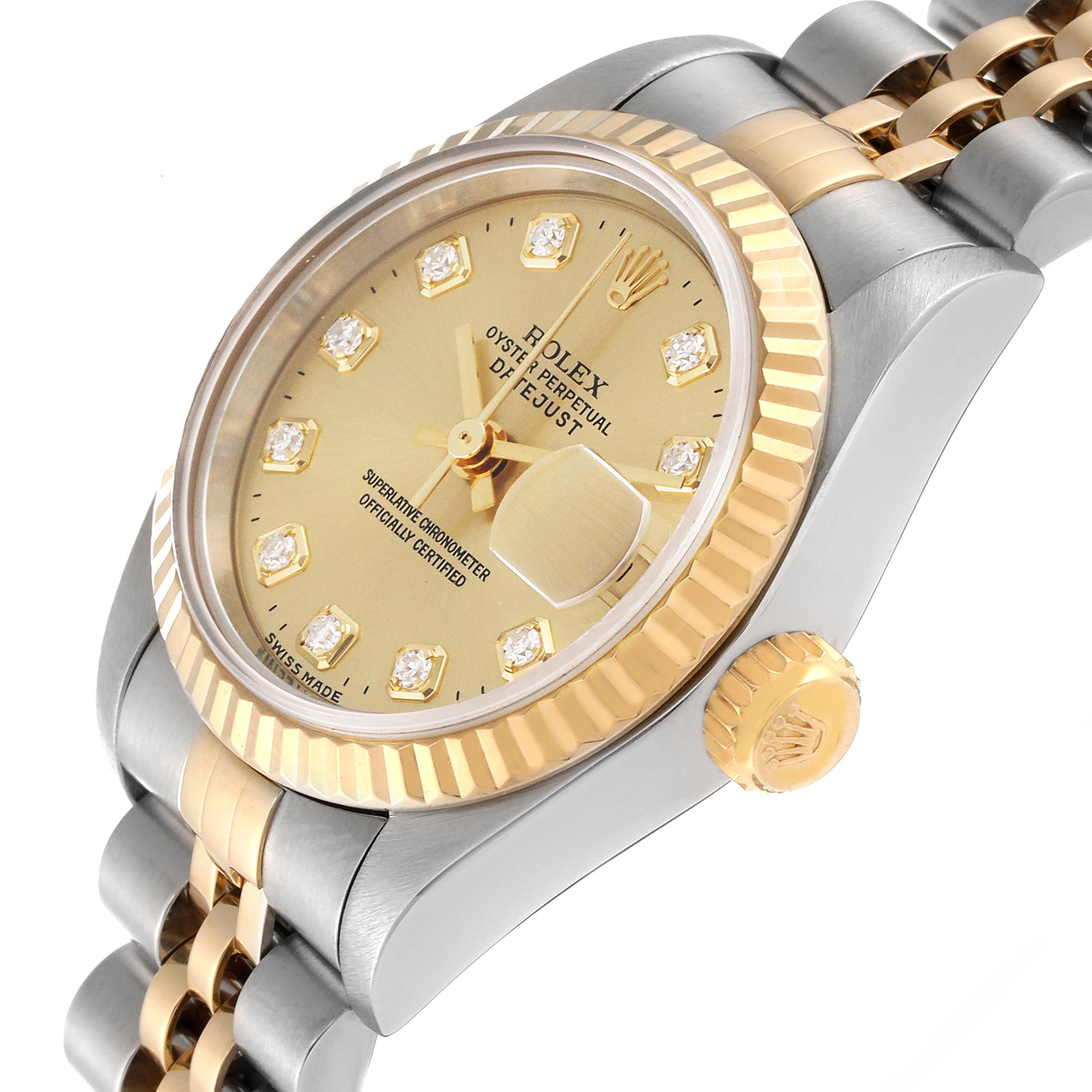This image shows a close-up, angled view of the Rolex Datejust 69173 Women's Steel and Gold (two tone) Champagne Dial 69173 Women's Steel and Gold (two tone) Champagne Dial model, featuring the dial, bezel, and part of the bracelet.