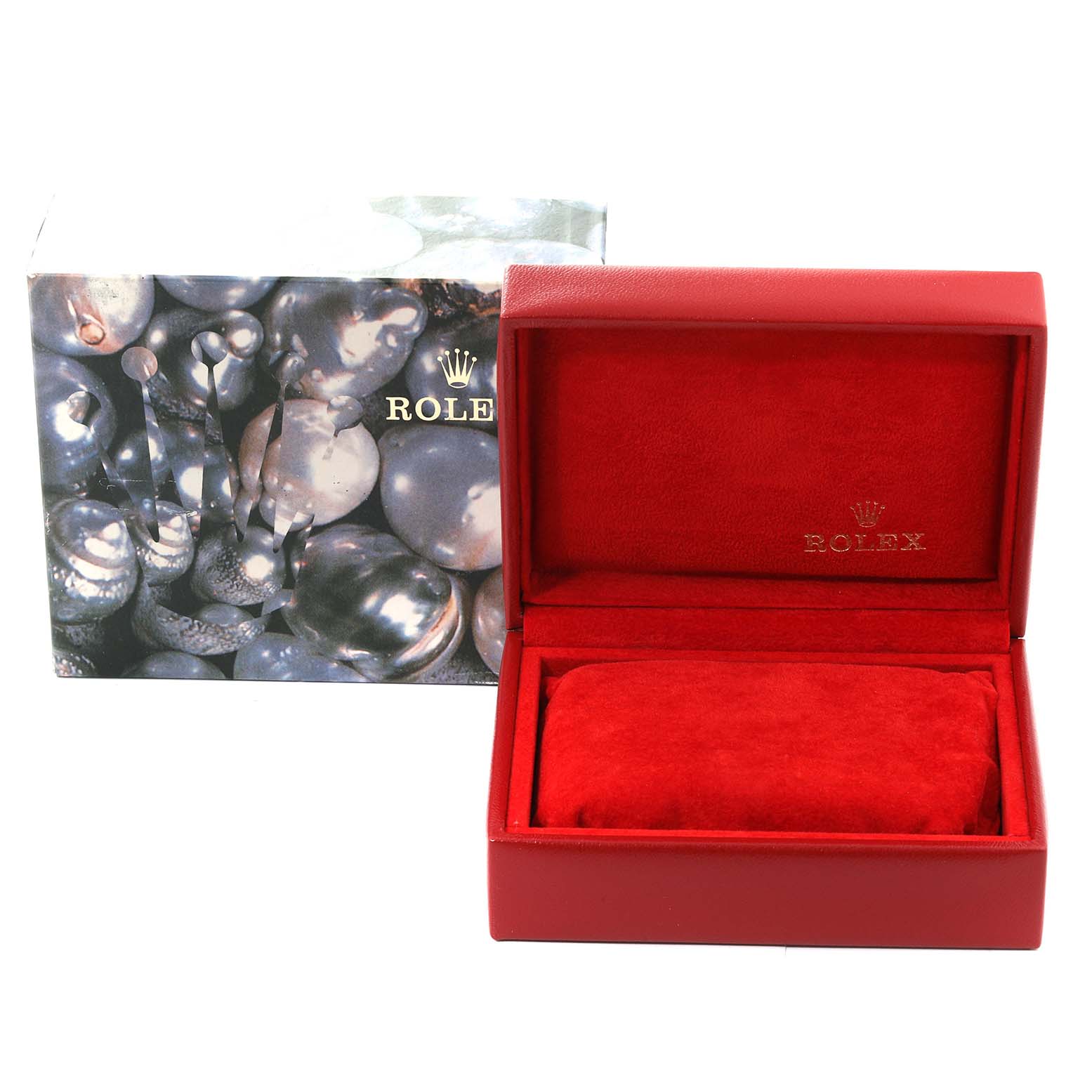 The image shows a Rolex Datejust 69173 Women's Steel and Gold (two tone) Champagne Dial 69173 Women's Steel and Gold (two tone) Champagne Dial watch box and packaging, including the outer and inner red box with a cushion inside.