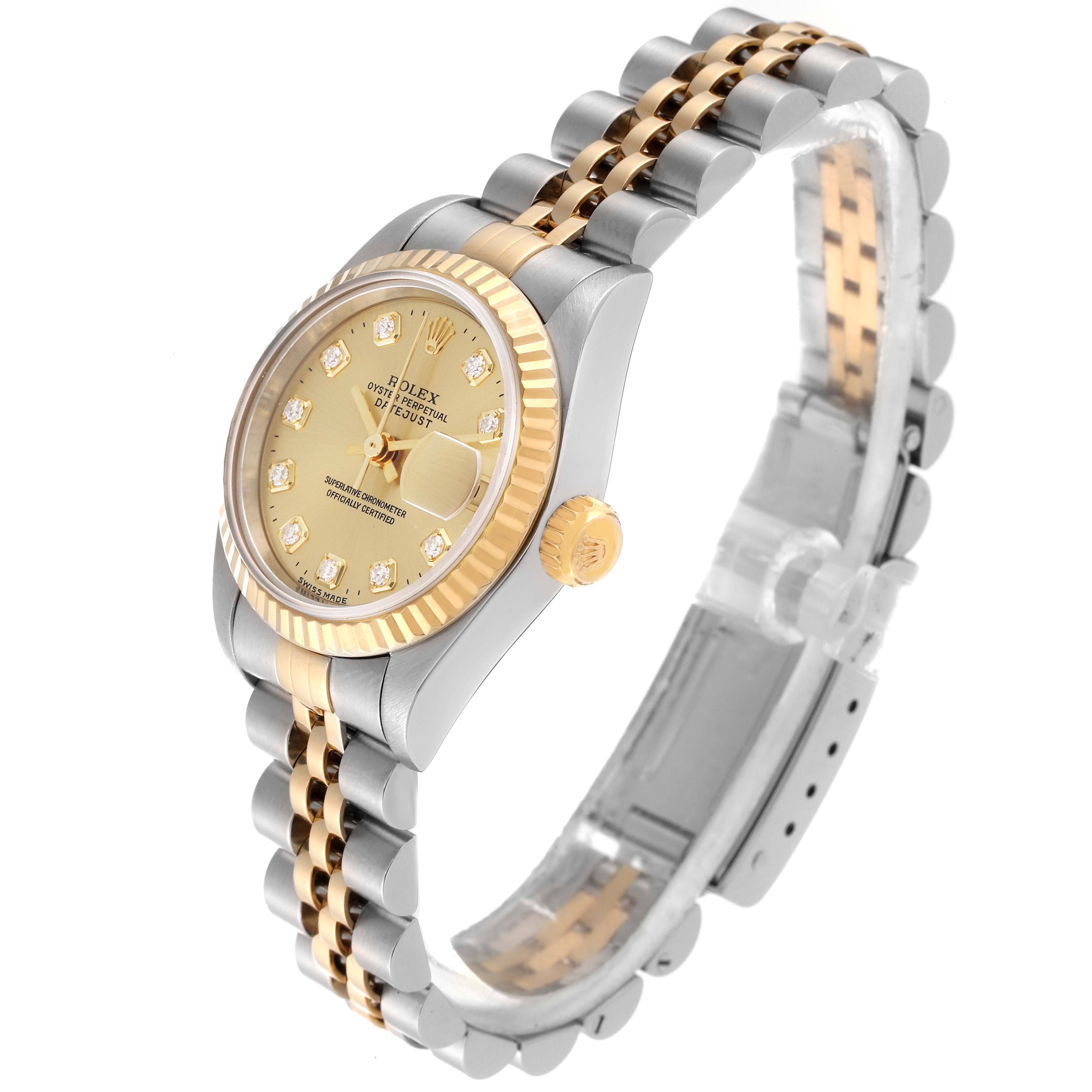 This image shows a side angle of a Rolex Datejust 69173 Women's Steel and Gold (two tone) Champagne Dial 69173 Women's Steel and Gold (two tone) Champagne Dial watch, highlighting the dial, bezel, crown, and bracelet.