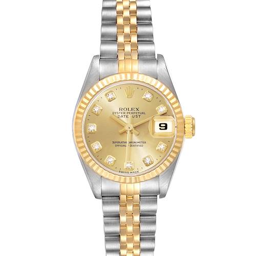 The image shows a frontal view of the Rolex Datejust watch with a gold and silver bracelet, gold dial, and date window.