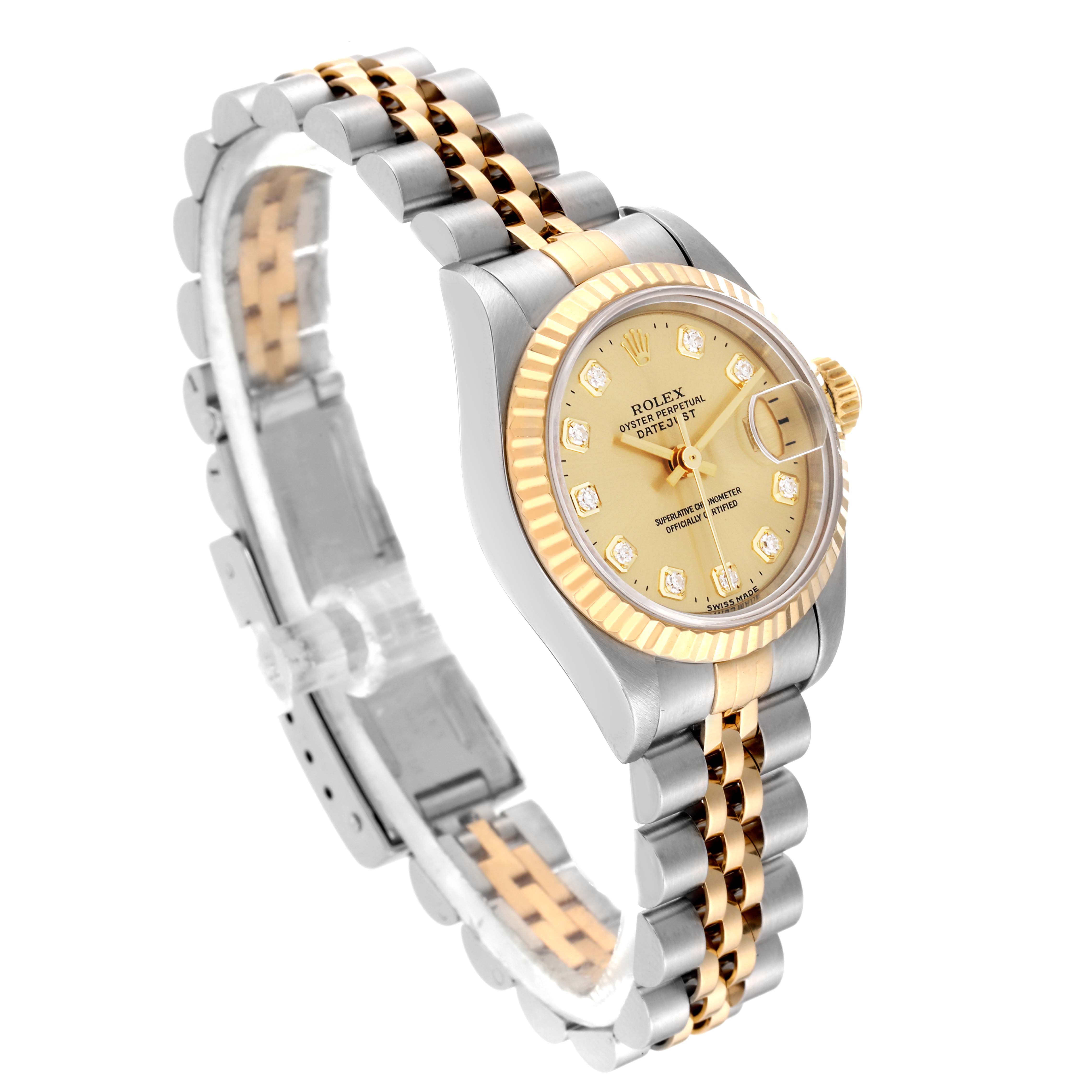 The image shows a Rolex Datejust 69173 Women's Steel and Gold (two tone) Champagne Dial 69173 Women's Steel and Gold (two tone) Champagne Dial watch at a three-quarter angle, highlighting its gold and silver Jubilee bracelet and diamond-set champagne dial.