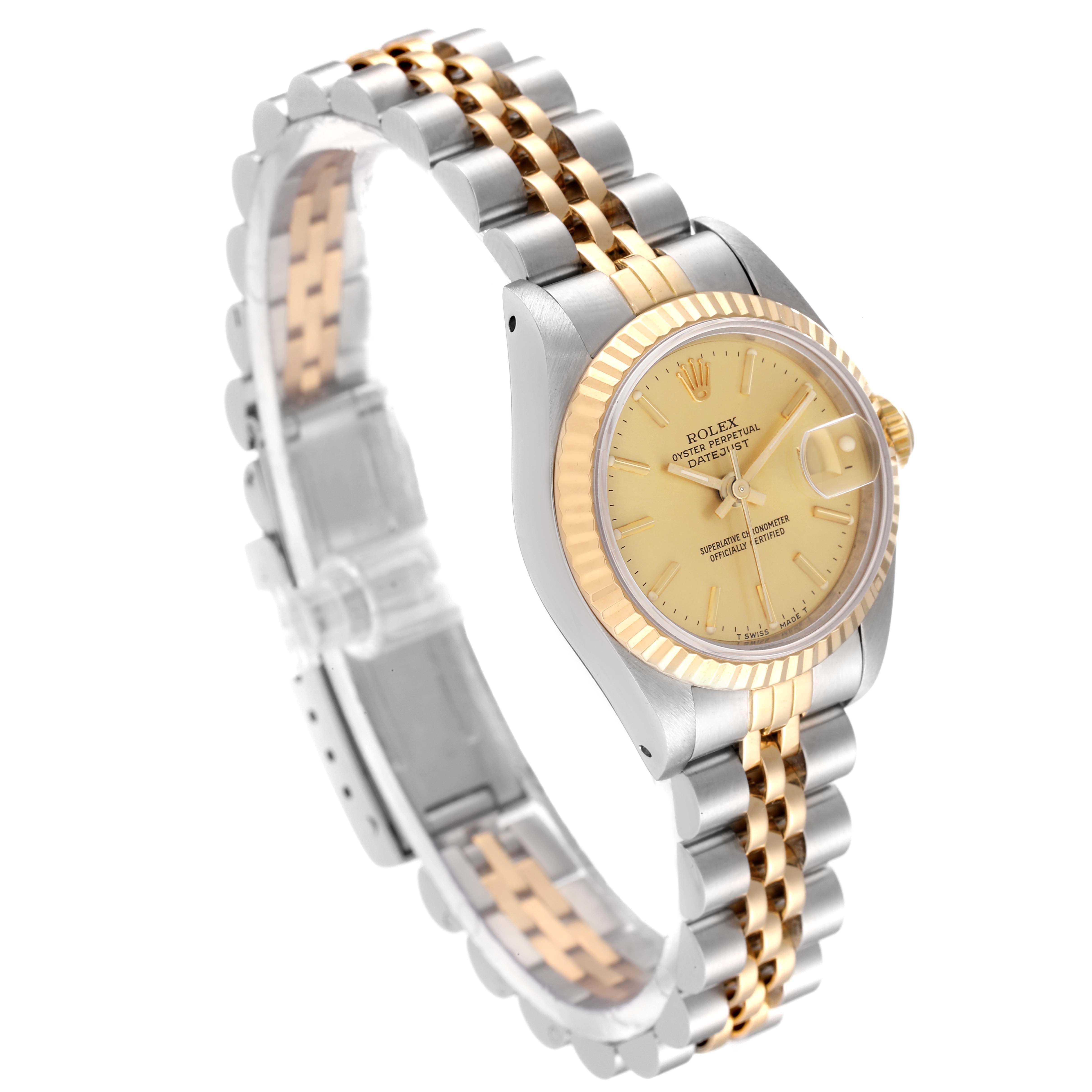 The Rolex Datejust 69173 Women's Steel and Gold (two tone) Champagne Dial 69173 Women's Steel and Gold (two tone) Champagne Dial watch is displayed at an oblique angle, showing the two-tone bracelet, case, dial, and bezel.