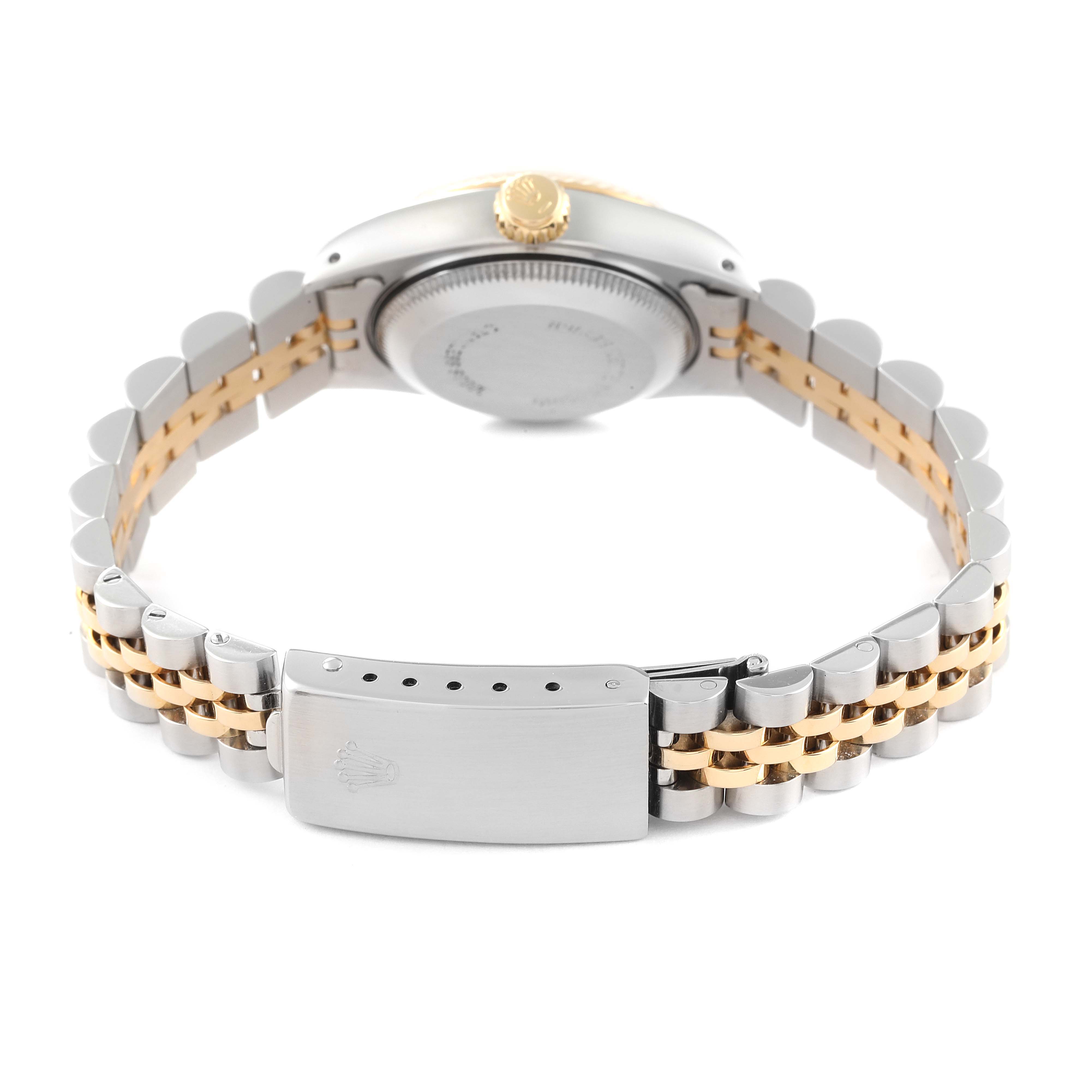 The image shows the back view of a Rolex Datejust 69173 Women's Steel and Gold (two tone) Champagne Dial 69173 Women's Steel and Gold (two tone) Champagne Dial watch, highlighting the clasp, bracelet, case back, and crown.