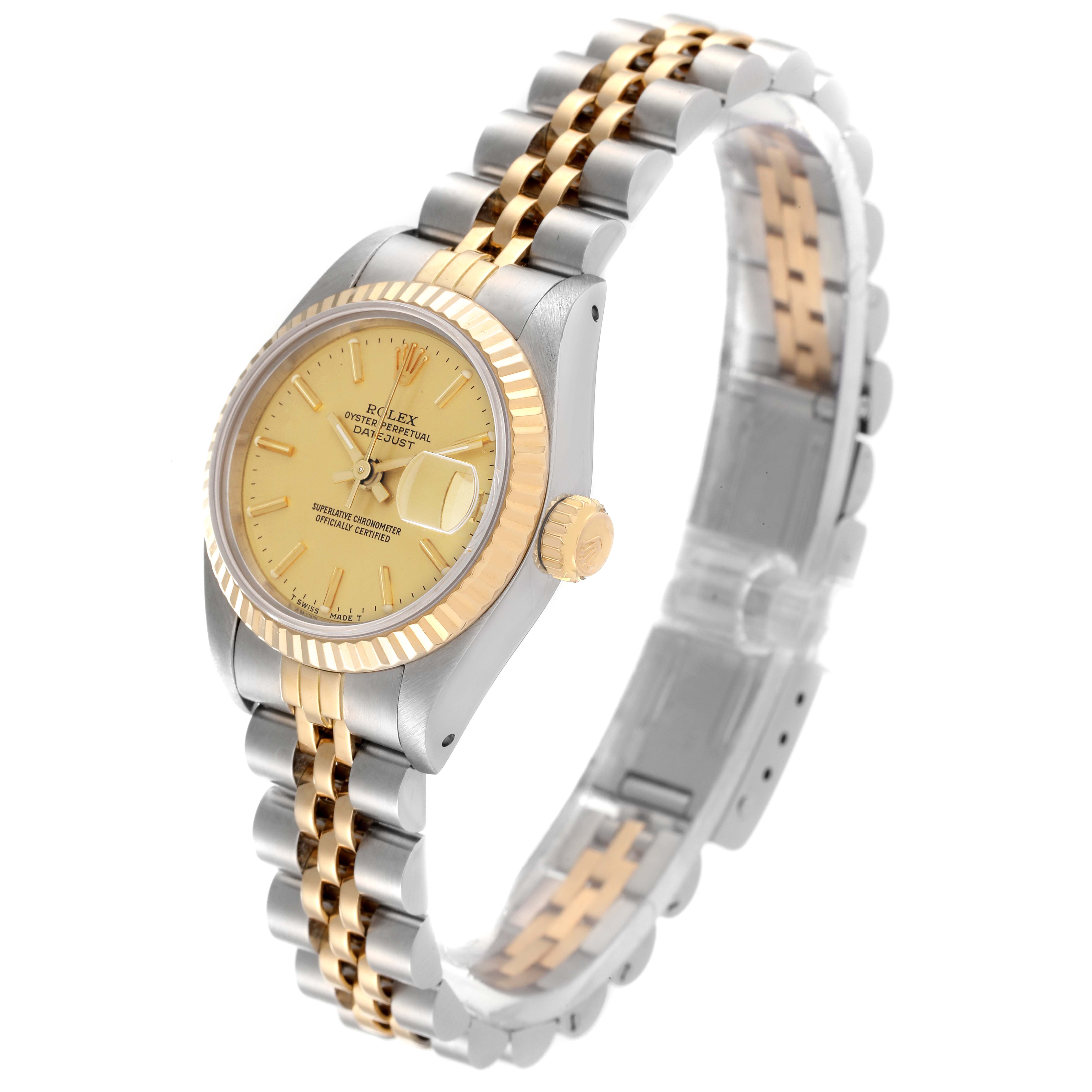 The Rolex Datejust 69173 Women's Steel and Gold (two tone) Champagne Dial 69173 Women's Steel and Gold (two tone) Champagne Dial watch is shown at a slight angle, displaying the face, bezel, crown, and bracelet.