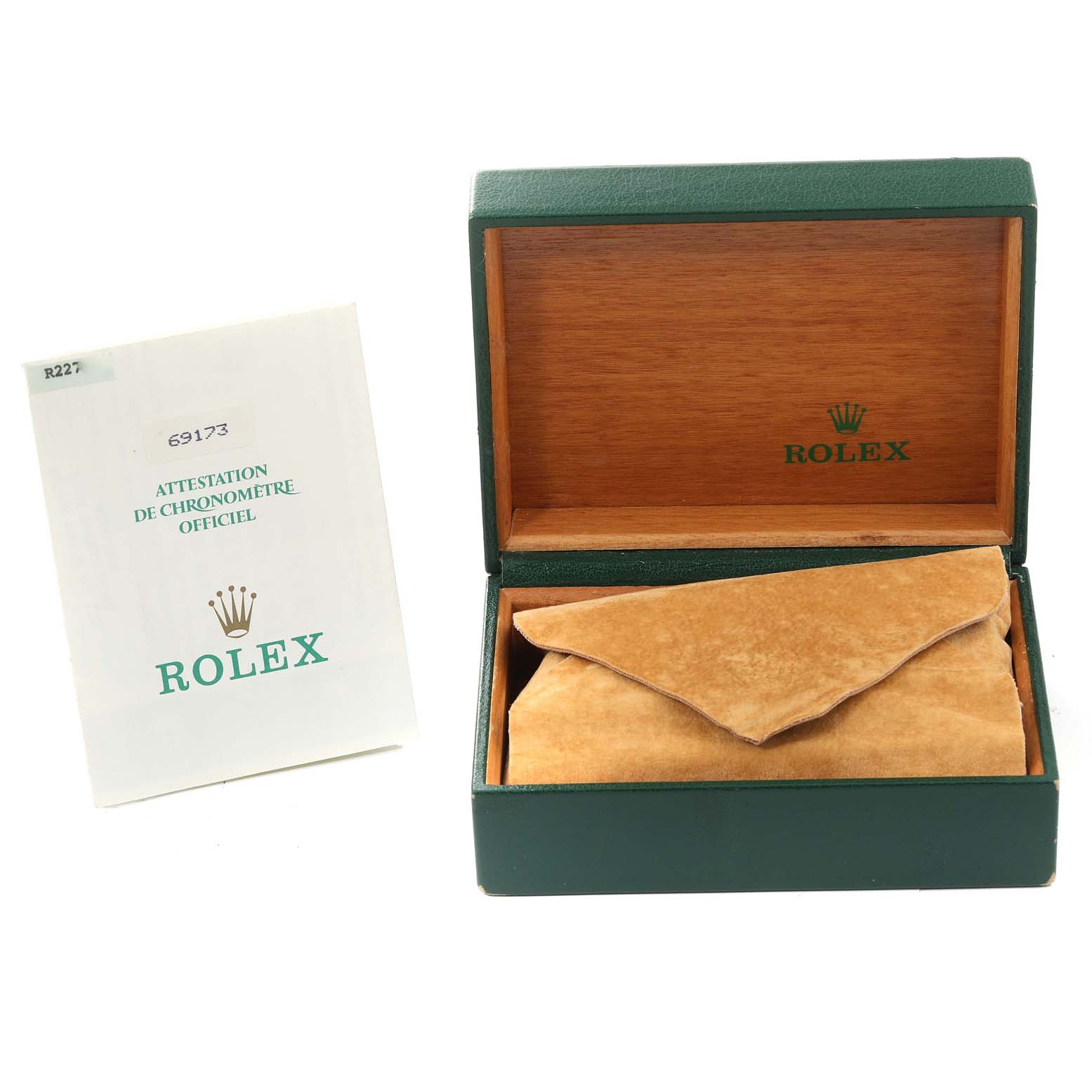 The image shows a Rolex Datejust 69173 Women's Steel and Gold (two tone) Champagne Dial 69173 Women's Steel and Gold (two tone) Champagne Dial watch box, certificate, and suede pouch, from a front angle.