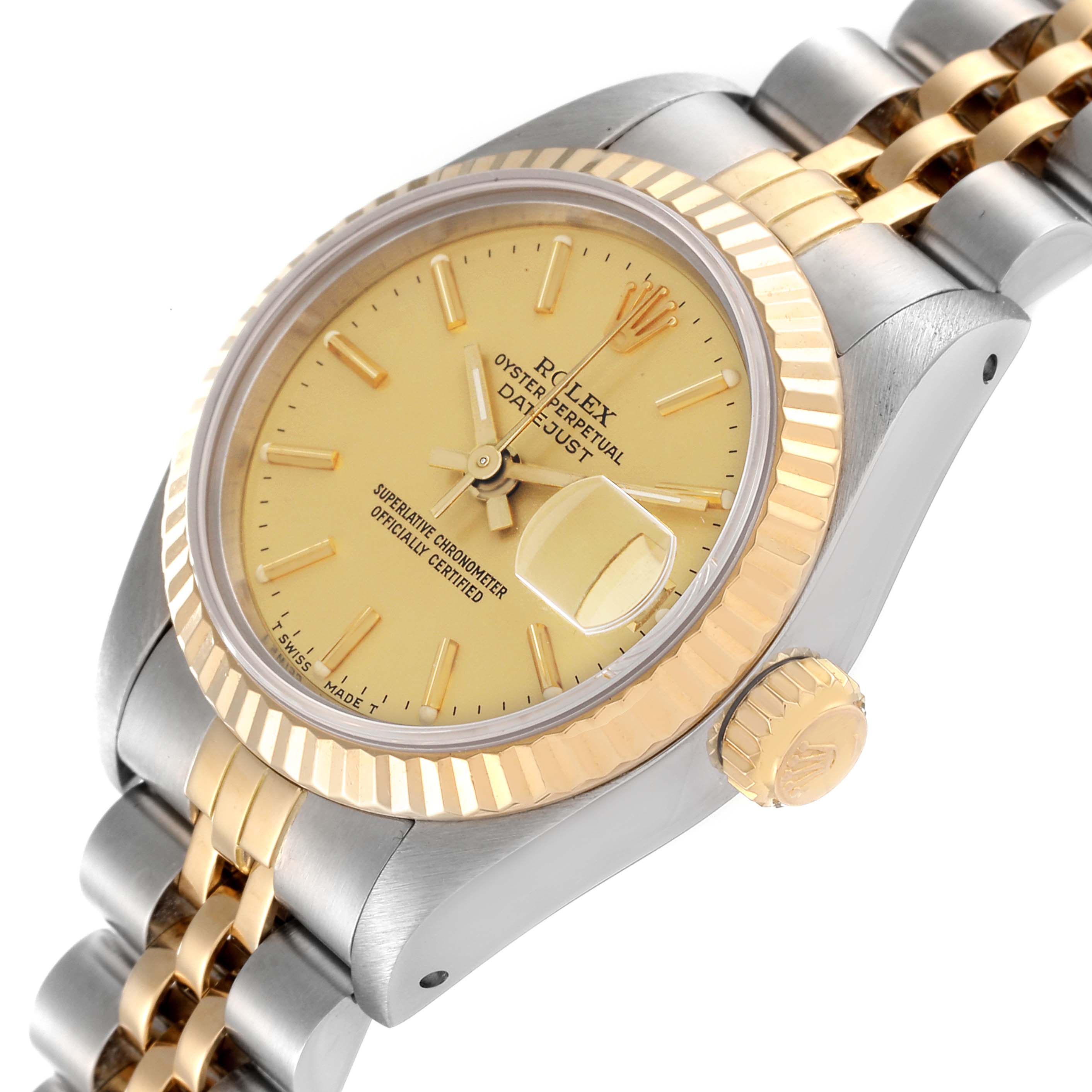 This Rolex Datejust 69173 Women's Steel and Gold (two tone) Champagne Dial 69173 Women's Steel and Gold (two tone) Champagne Dial watch is shown at an angled view, highlighting its dial, crown, bezel, and bracelet.