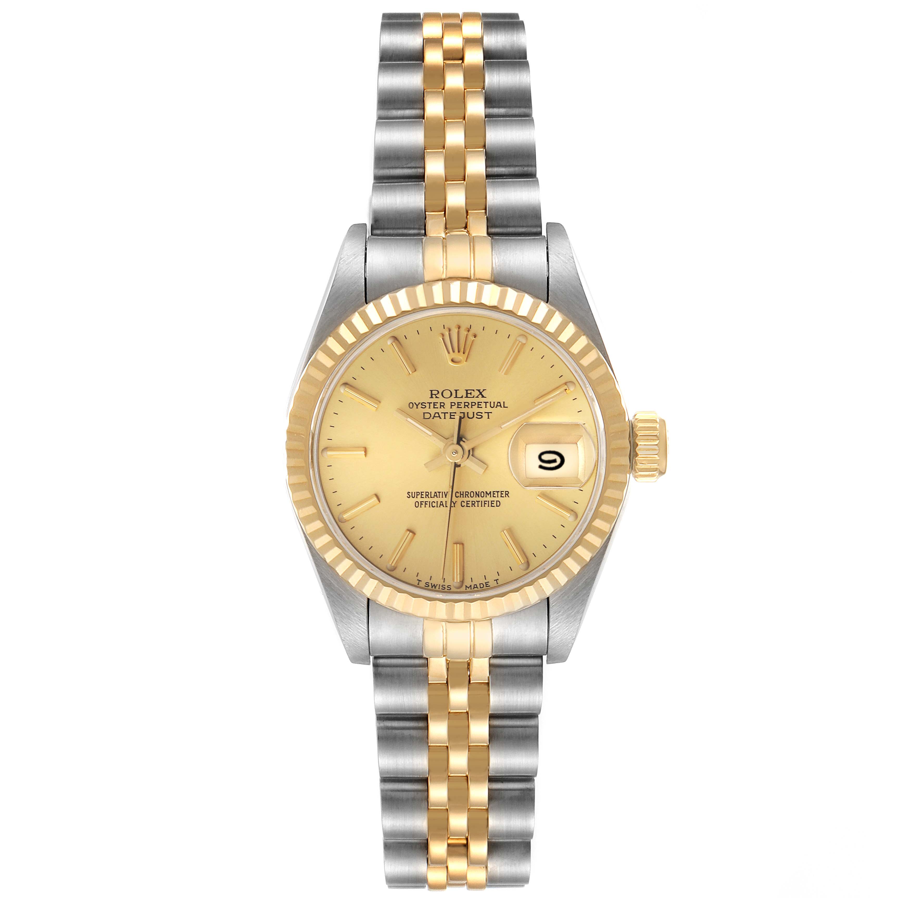 The Rolex Datejust 69173 Women's Steel and Gold (two tone) Champagne Dial 69173 Women's Steel and Gold (two tone) Champagne Dial watch is shown from a front angle, highlighting the dial, bezel, and two-tone bracelet.