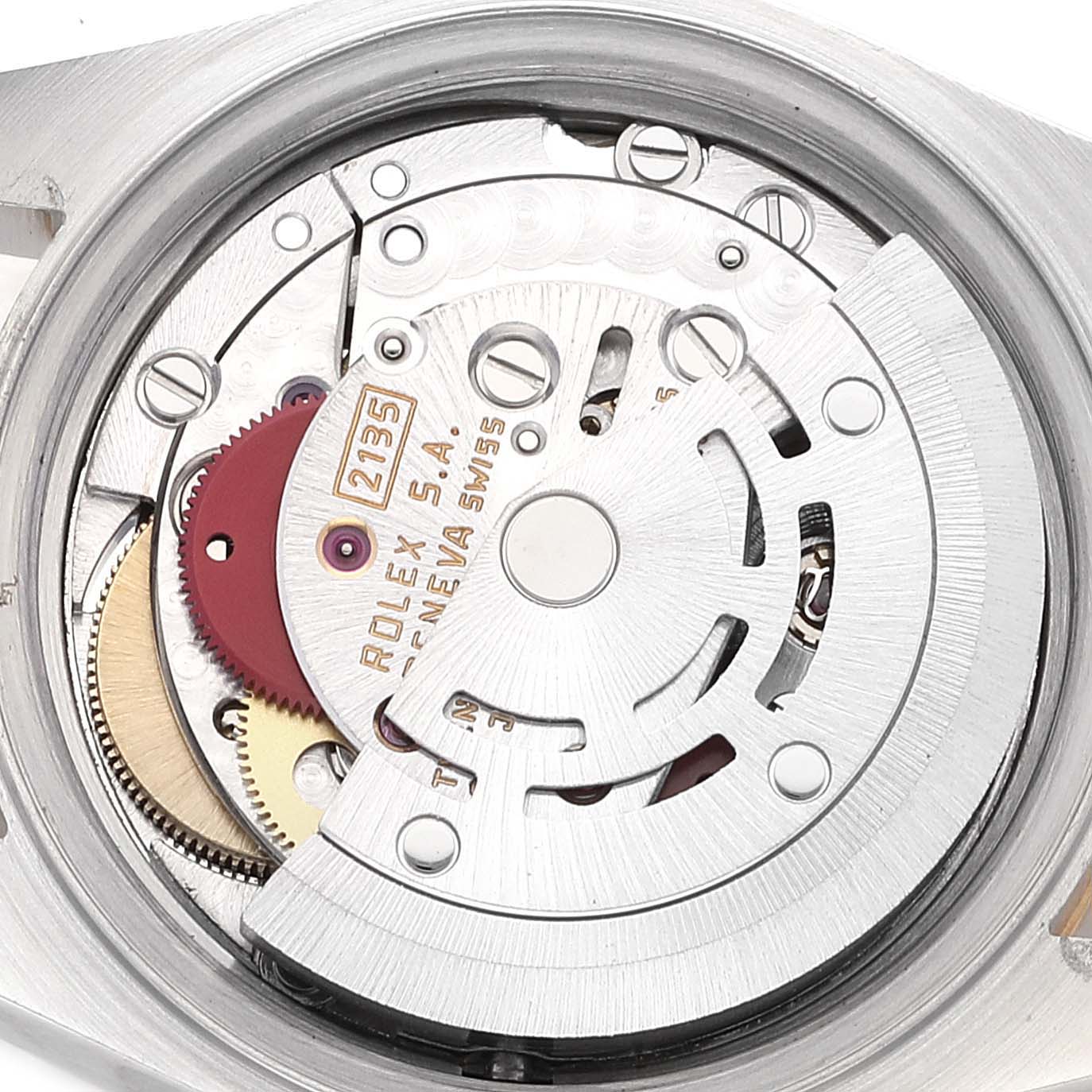 This image shows the internal mechanics and movement of a Rolex Datejust 69173 Women's Steel and Gold (two tone) Champagne Dial 69173 Women's Steel and Gold (two tone) Champagne Dial watch, viewed from the back.